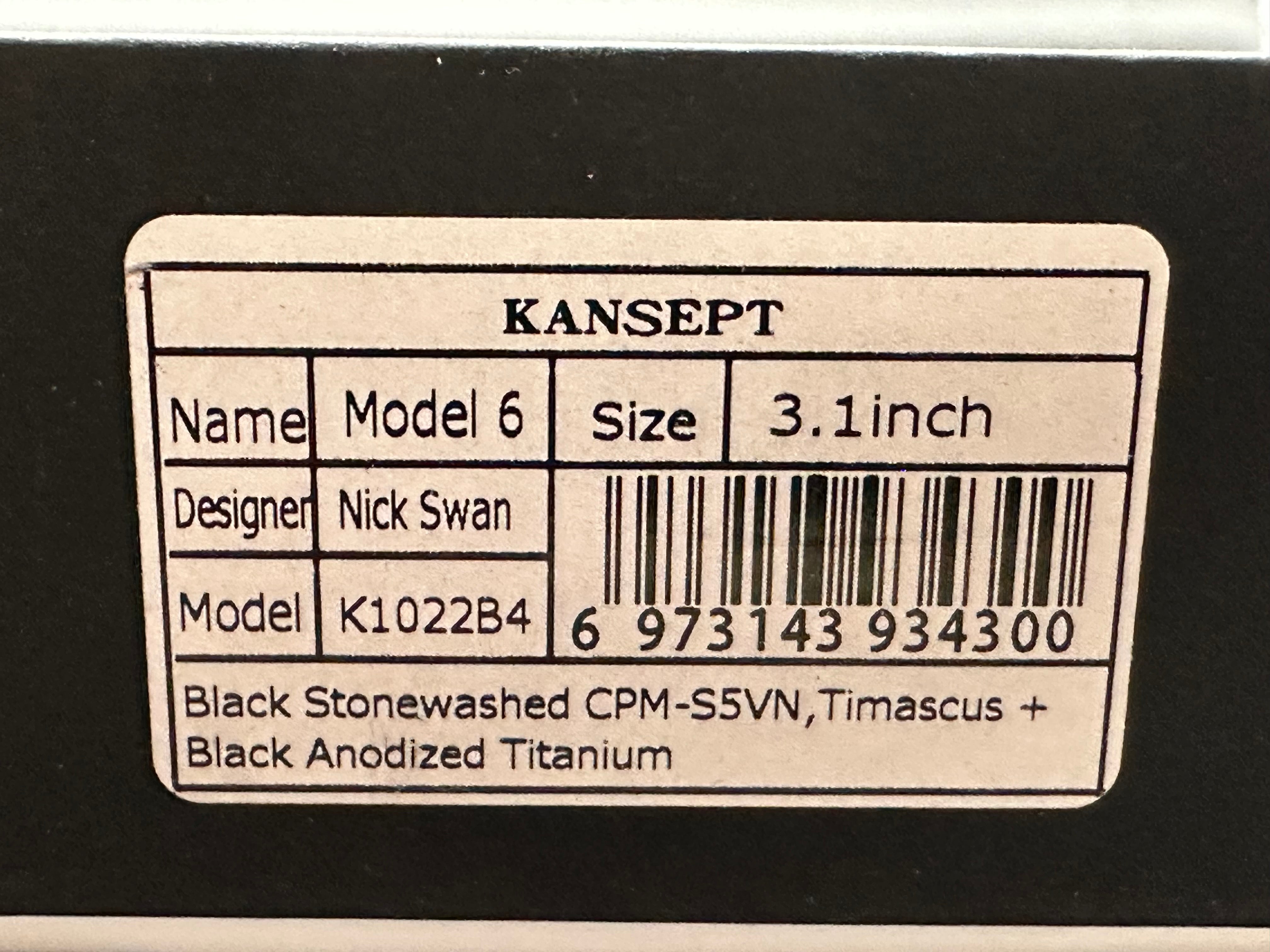 Kansept Model 6: Nick Swan design. 3.1 inch stonewashed, flat grind, black anodized CPM-S35VN sheepsfoot blade