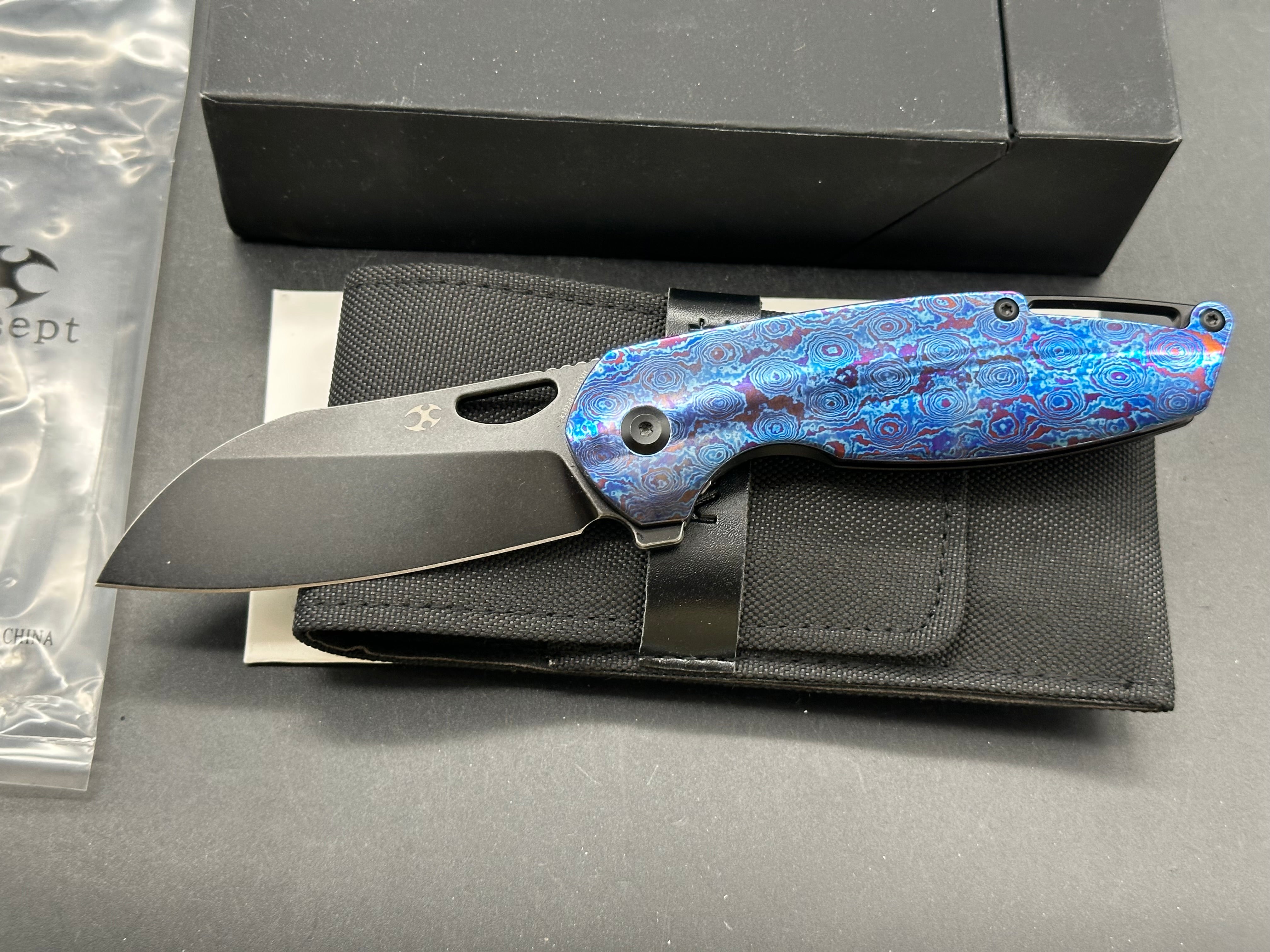 Kansept Model 6: Nick Swan design. 3.1 inch stonewashed, flat grind, black anodized CPM-S35VN sheepsfoot blade