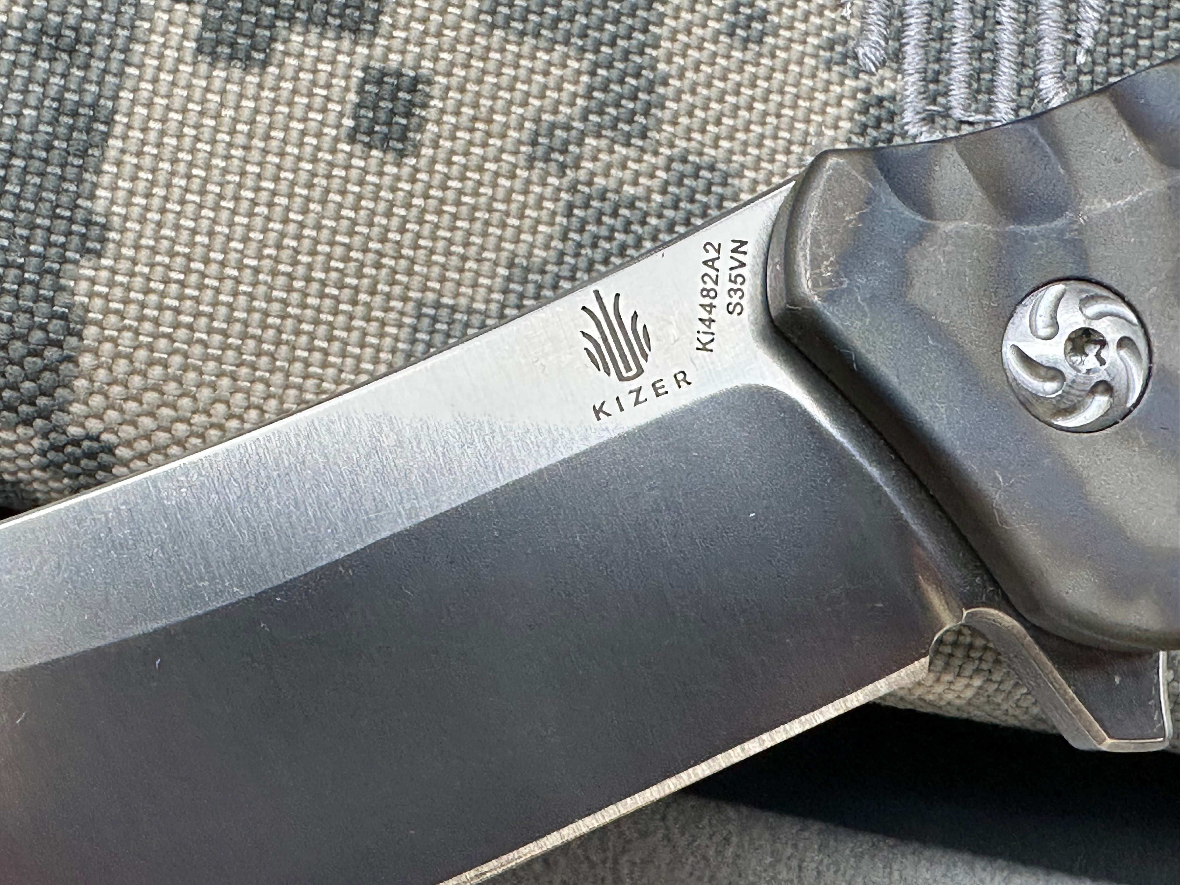 Kizer Nomad Dirk Pinkerton design 3.75 trailing point, flat grind, satin CPM-S35VN upswept blade