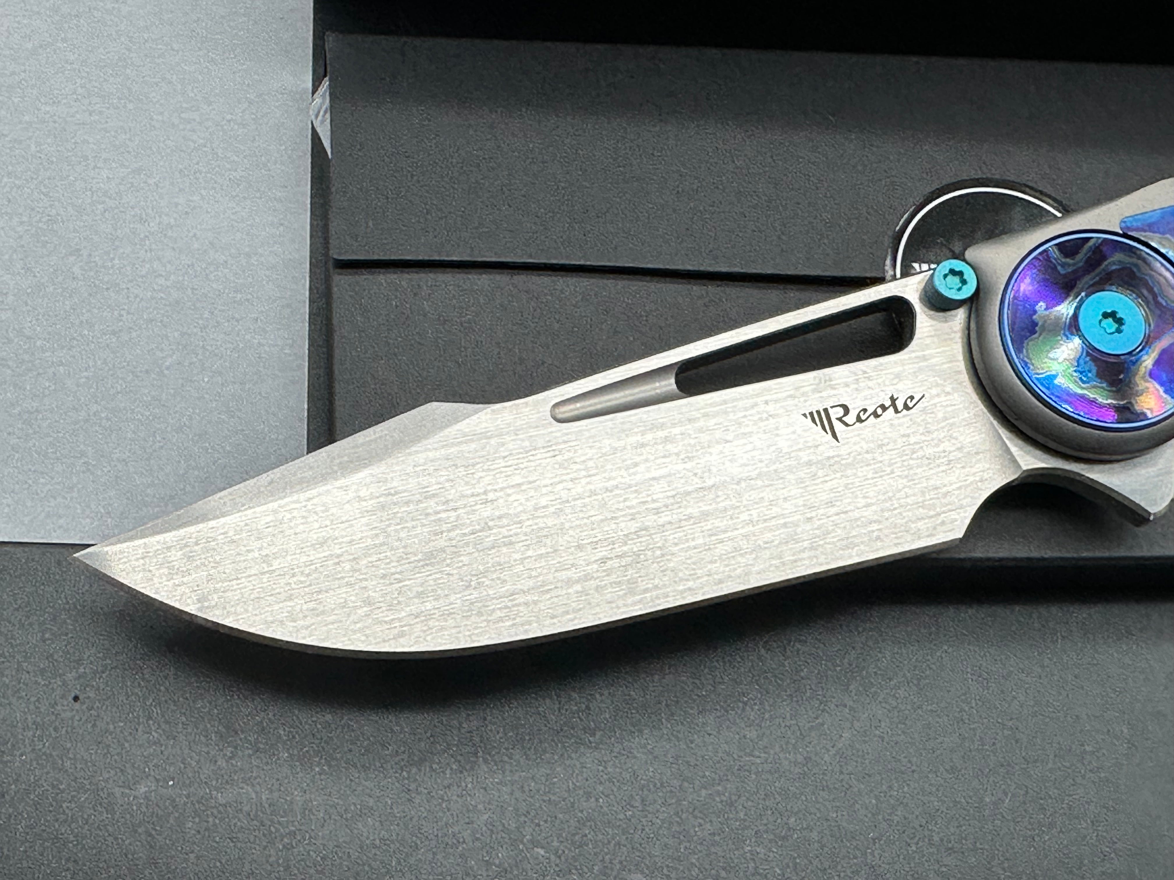 Reate Knives + Alvin Lee - GTR/Grey Milled Integral Ti Handle w/ Zircoti Inlays & Blue Ano Accents