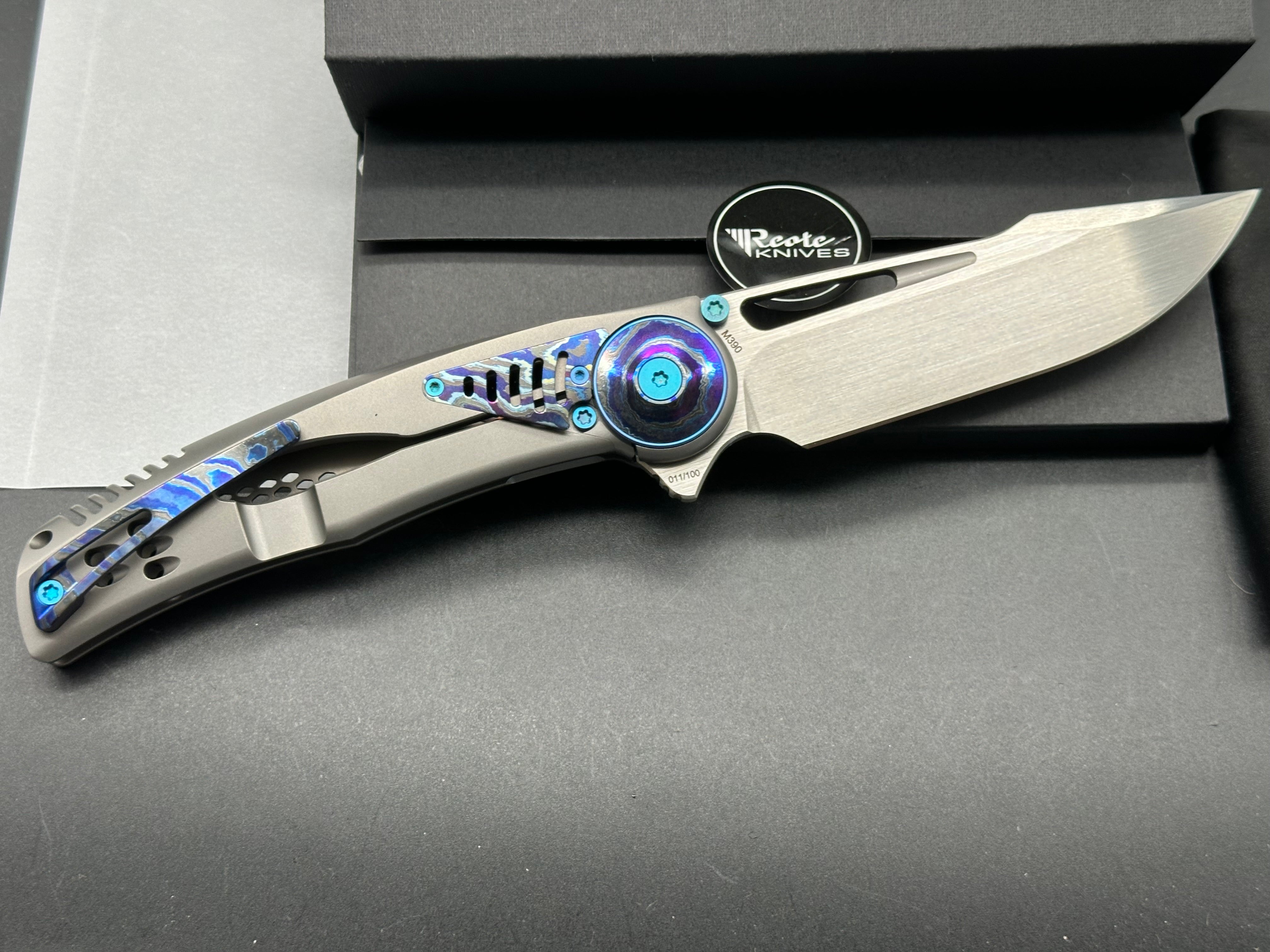 Reate Knives + Alvin Lee - GTR/Grey Milled Integral Ti Handle w/ Zircoti Inlays & Blue Ano Accents
