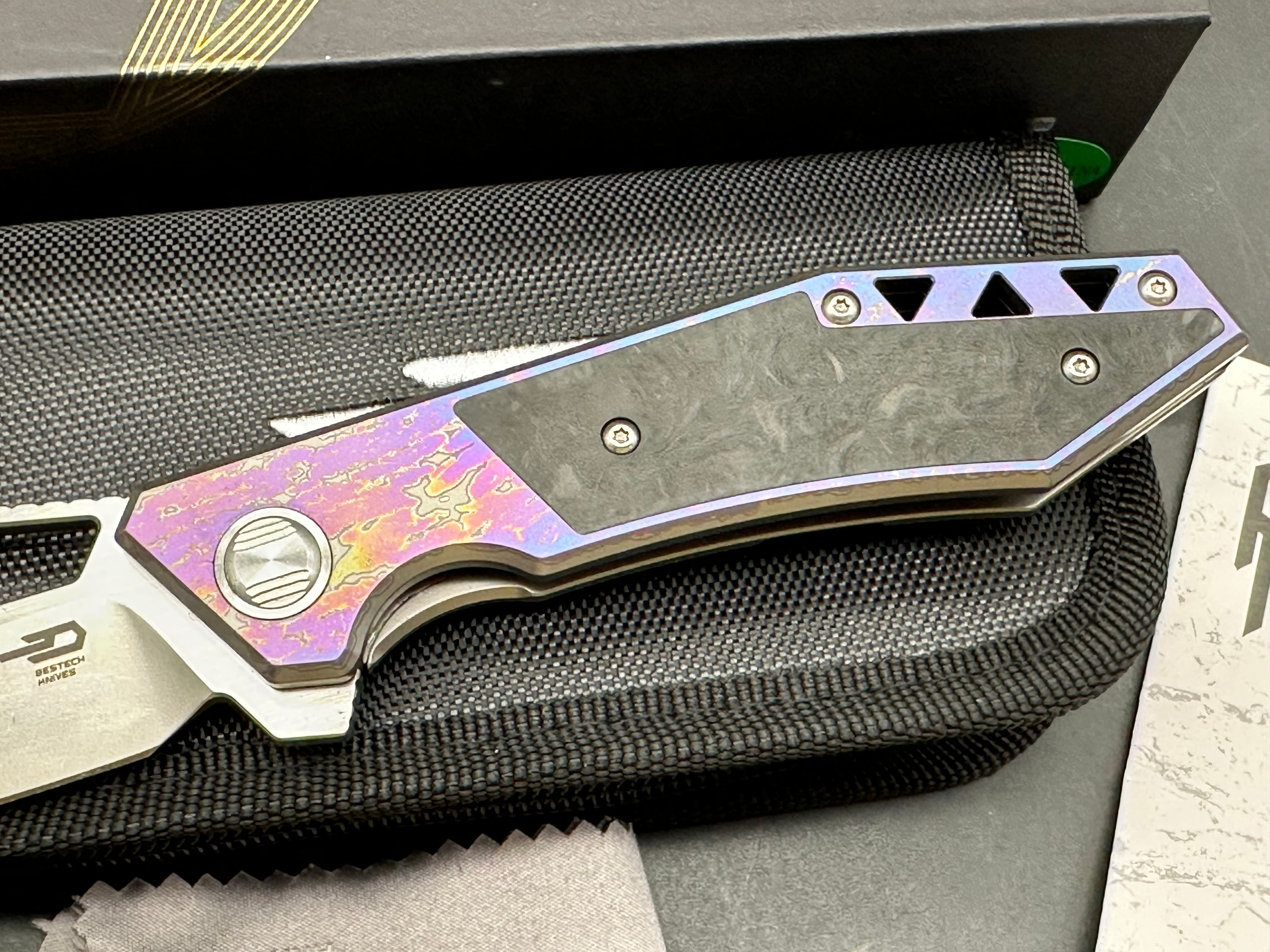 Bestech Fractal 3.5 inch combined hollow and flat grind CPM-S35VN blade. Anodized titanium scales