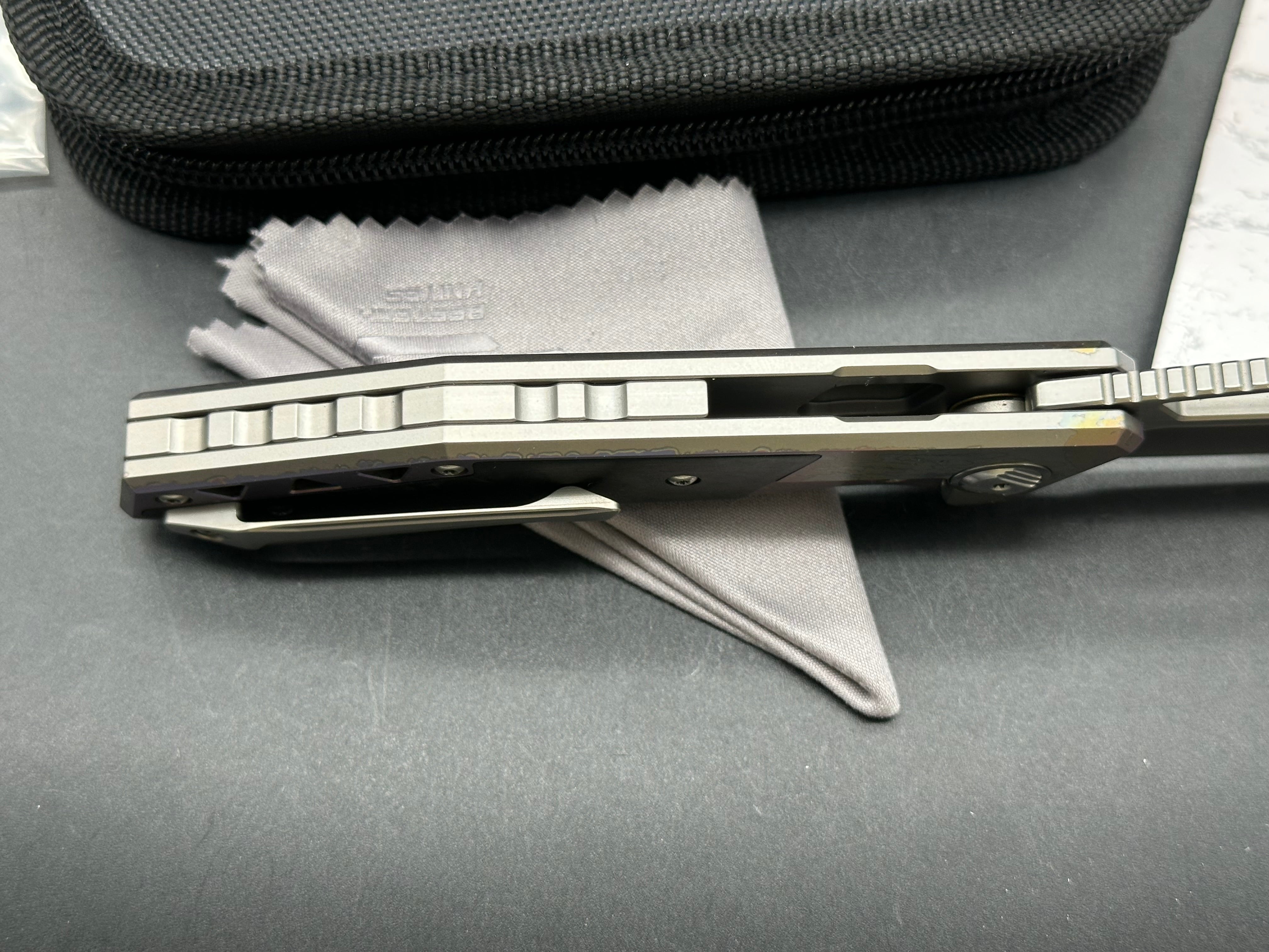 Bestech Fractal 3.5 inch combined hollow and flat grind CPM-S35VN blade. Anodized titanium scales