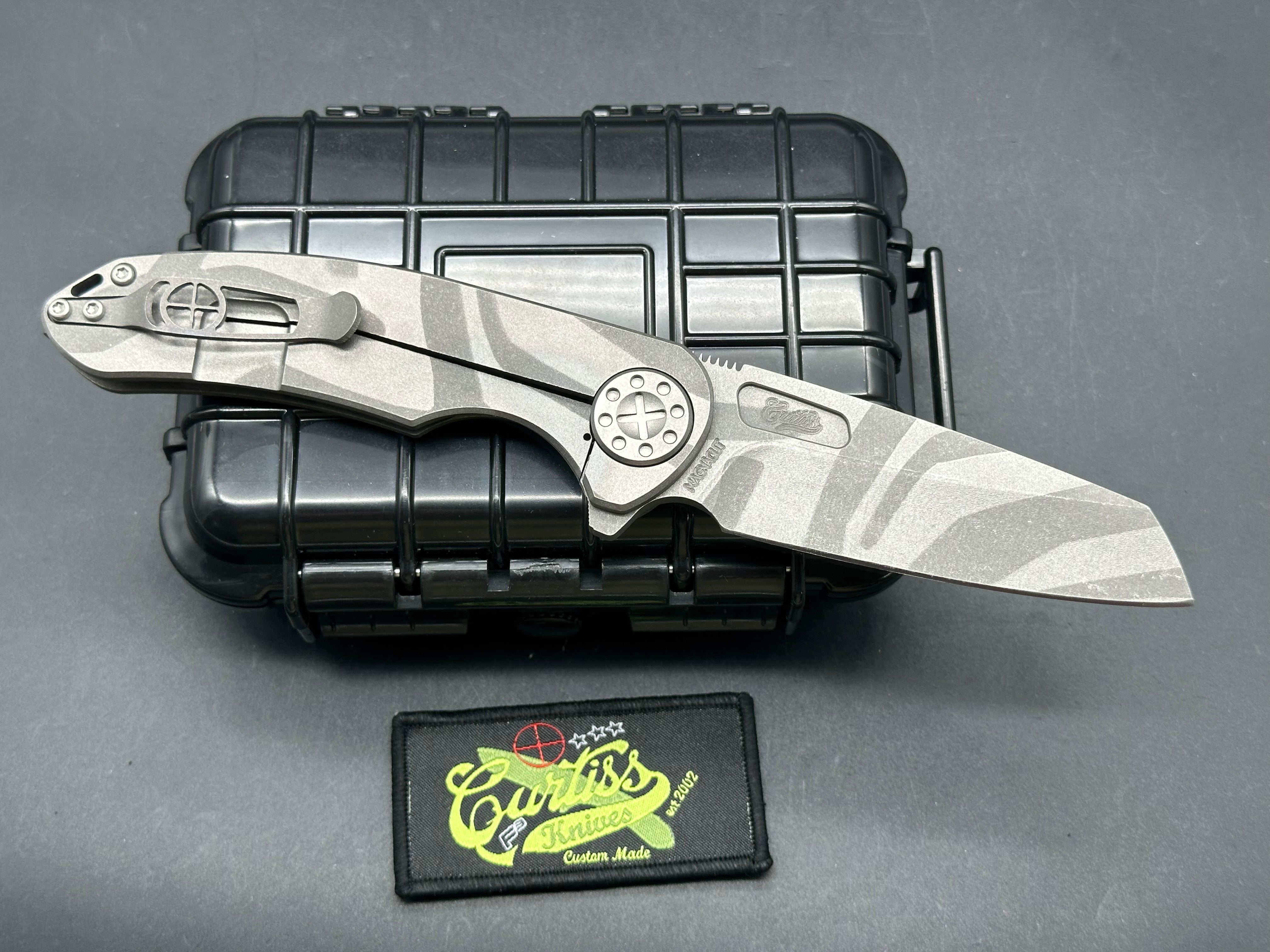 Curtiss Custom Knives Large F3 Wharncliffe Camo Blasted. Magnacut blade