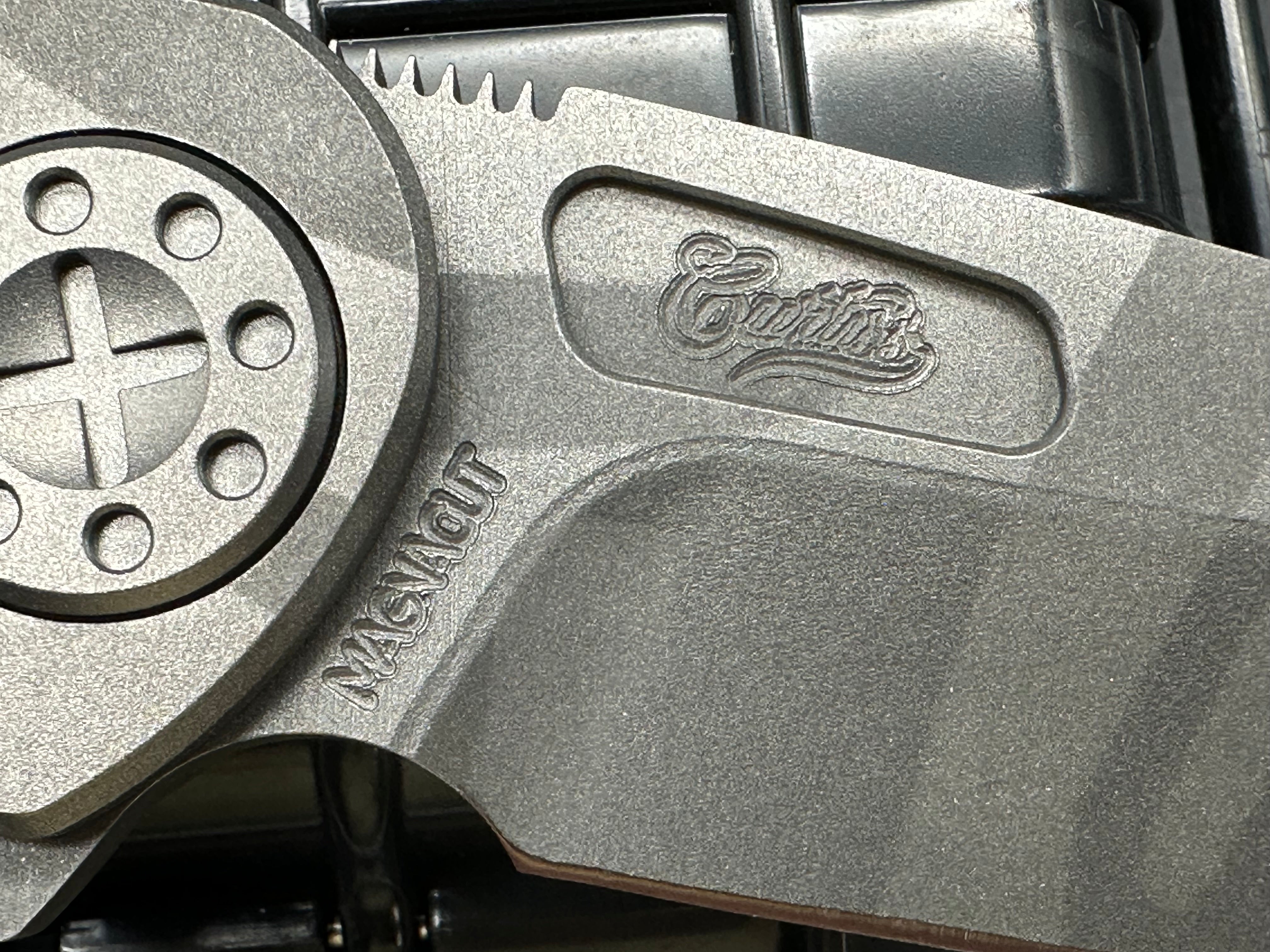 Curtiss Custom Knives Large F3 Wharncliffe Camo Blasted. Magnacut blade