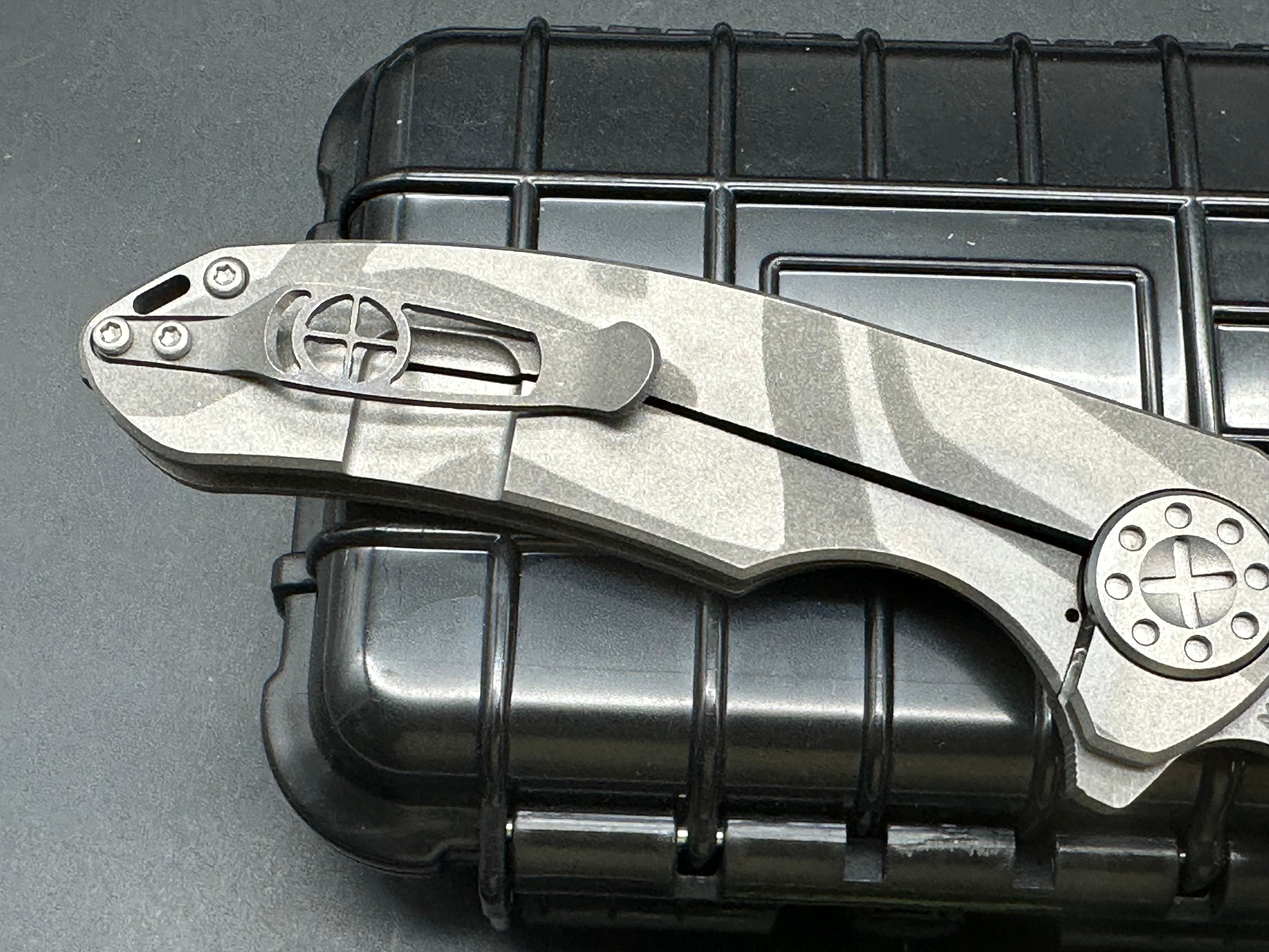 Curtiss Custom Knives Large F3 Wharncliffe Camo Blasted. Magnacut blade