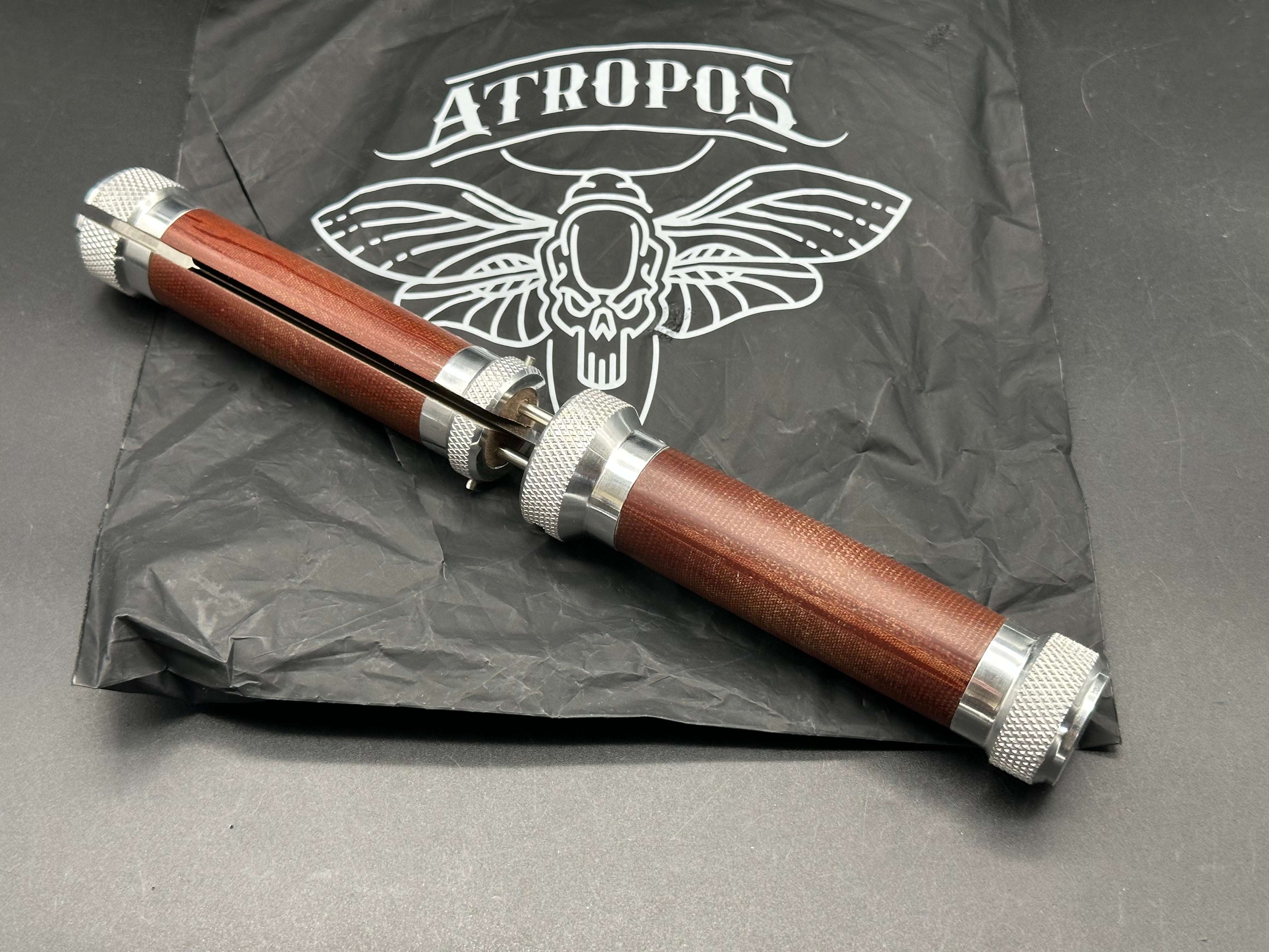 Atropos Knife - Fortel "Fisherman"/Aluminum Screw Latch Bolsters & Wood + Russian Micarta Handles