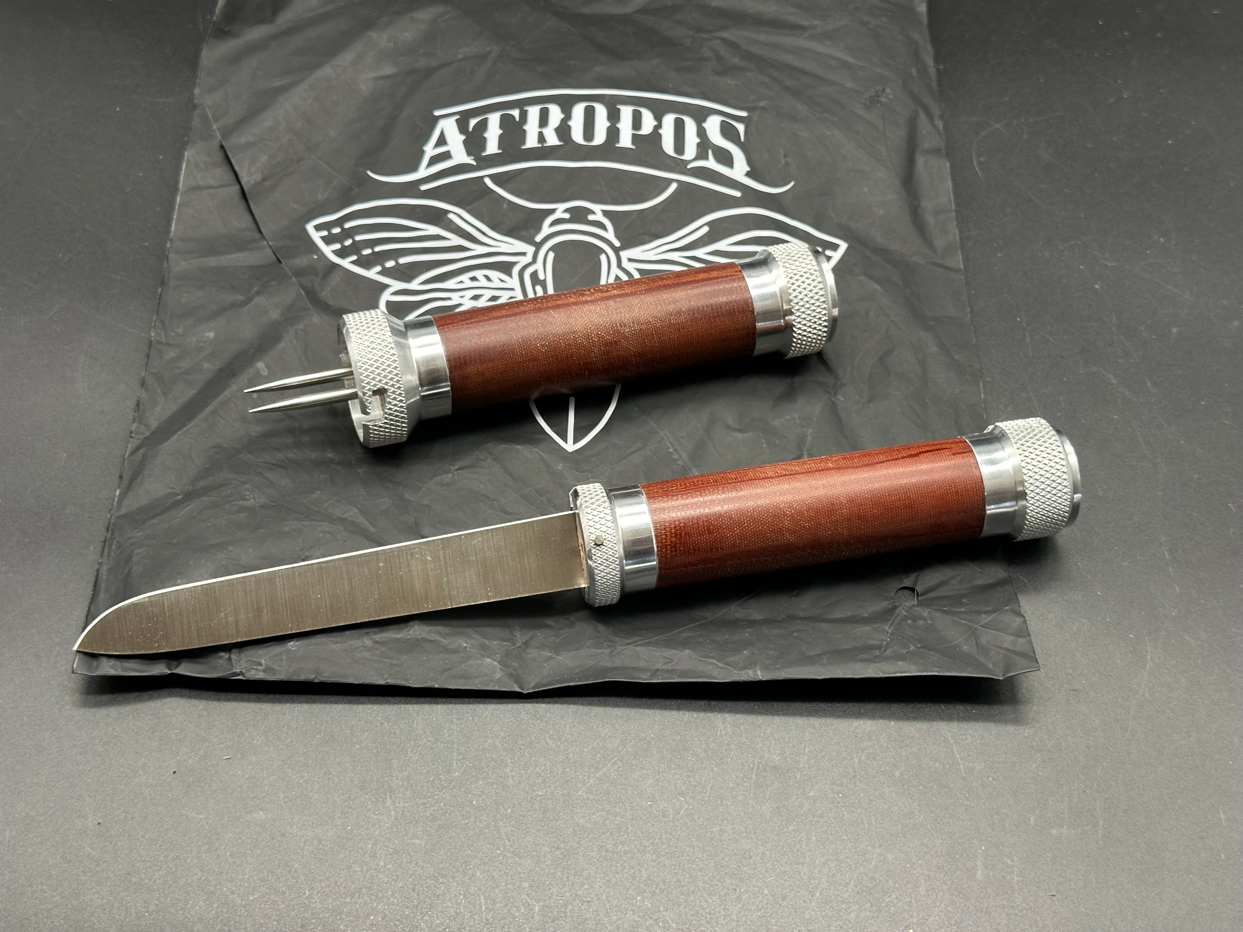 Atropos Knife - Fortel "Fisherman"/Aluminum Screw Latch Bolsters & Wood + Russian Micarta Handles