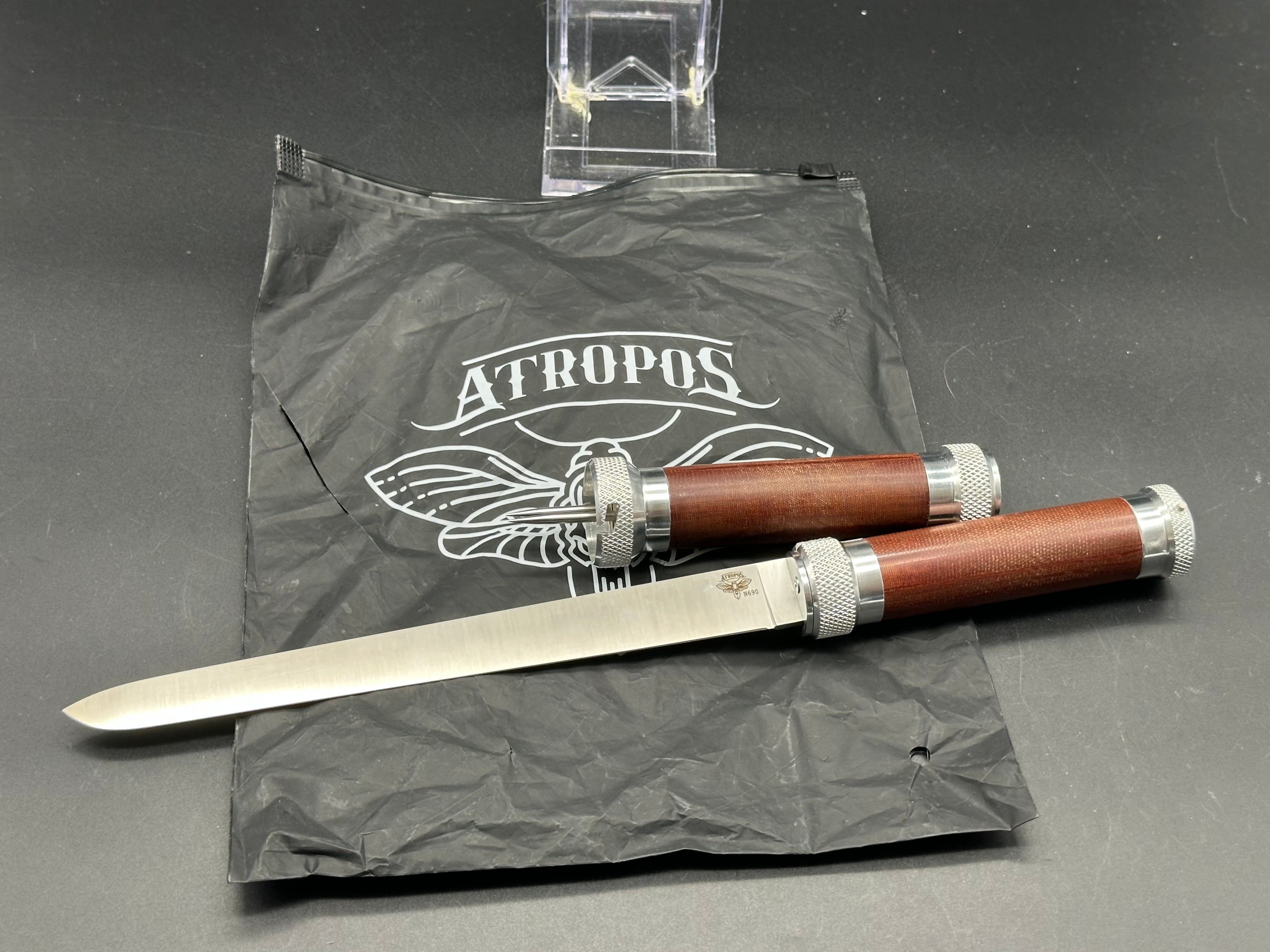 Atropos Knife - Fortel "Fisherman"/Aluminum Screw Latch Bolsters & Wood + Russian Micarta Handles