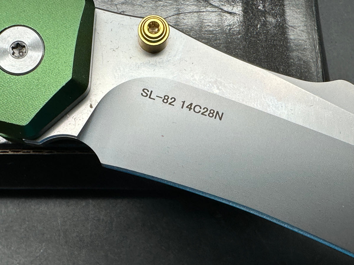 SIXLEAF SL-82 FOLDING KNIFE GREEN ALUMINUM HANDLE 14C28N HARPOON PLAIN EDGE