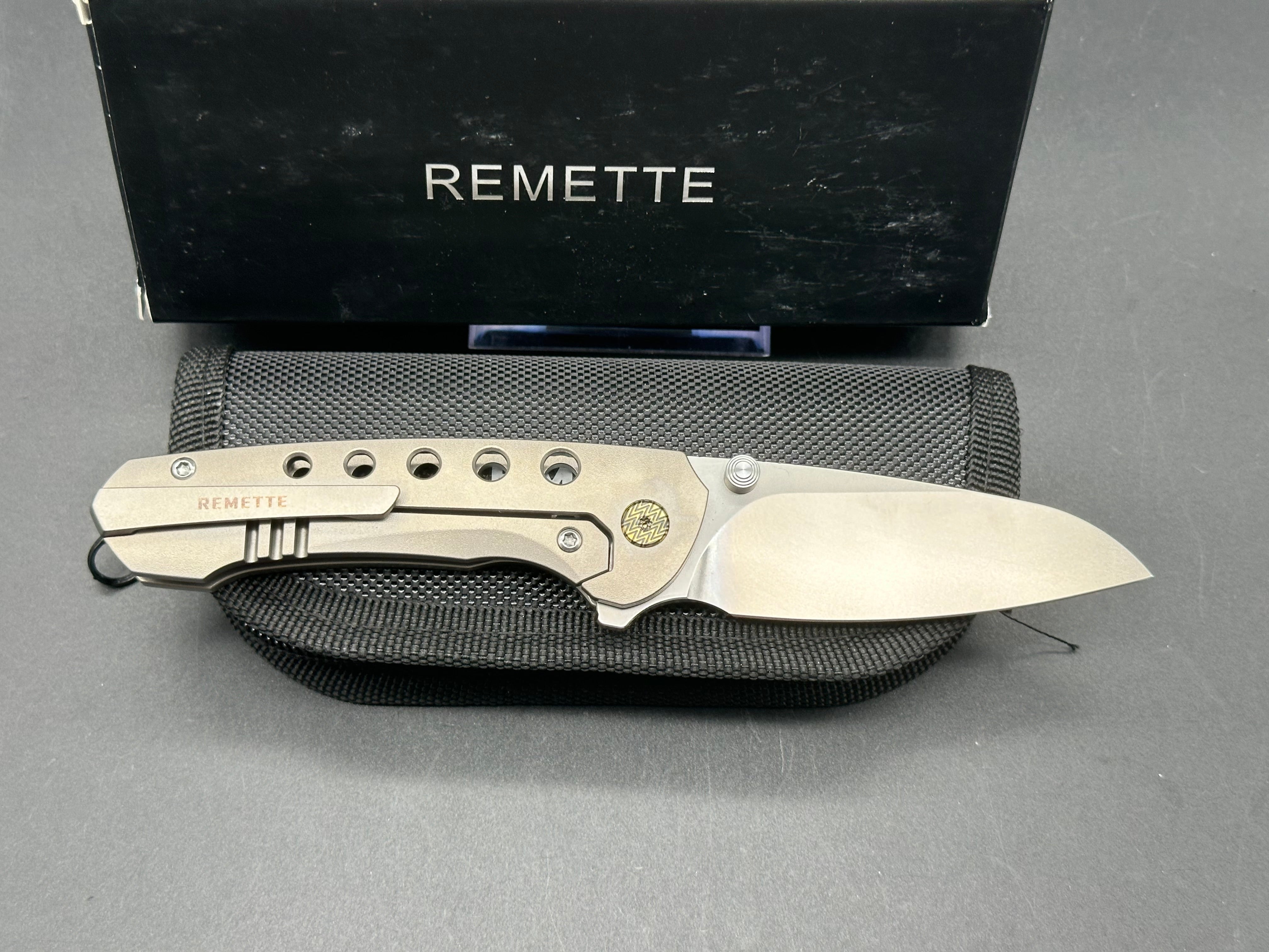 REMETTE BEE POCKET KNIFE ORANGE PEEL TITANIUM HANDLE M390 BLADE STEEL W/TITANIUM TOOTHPICK
