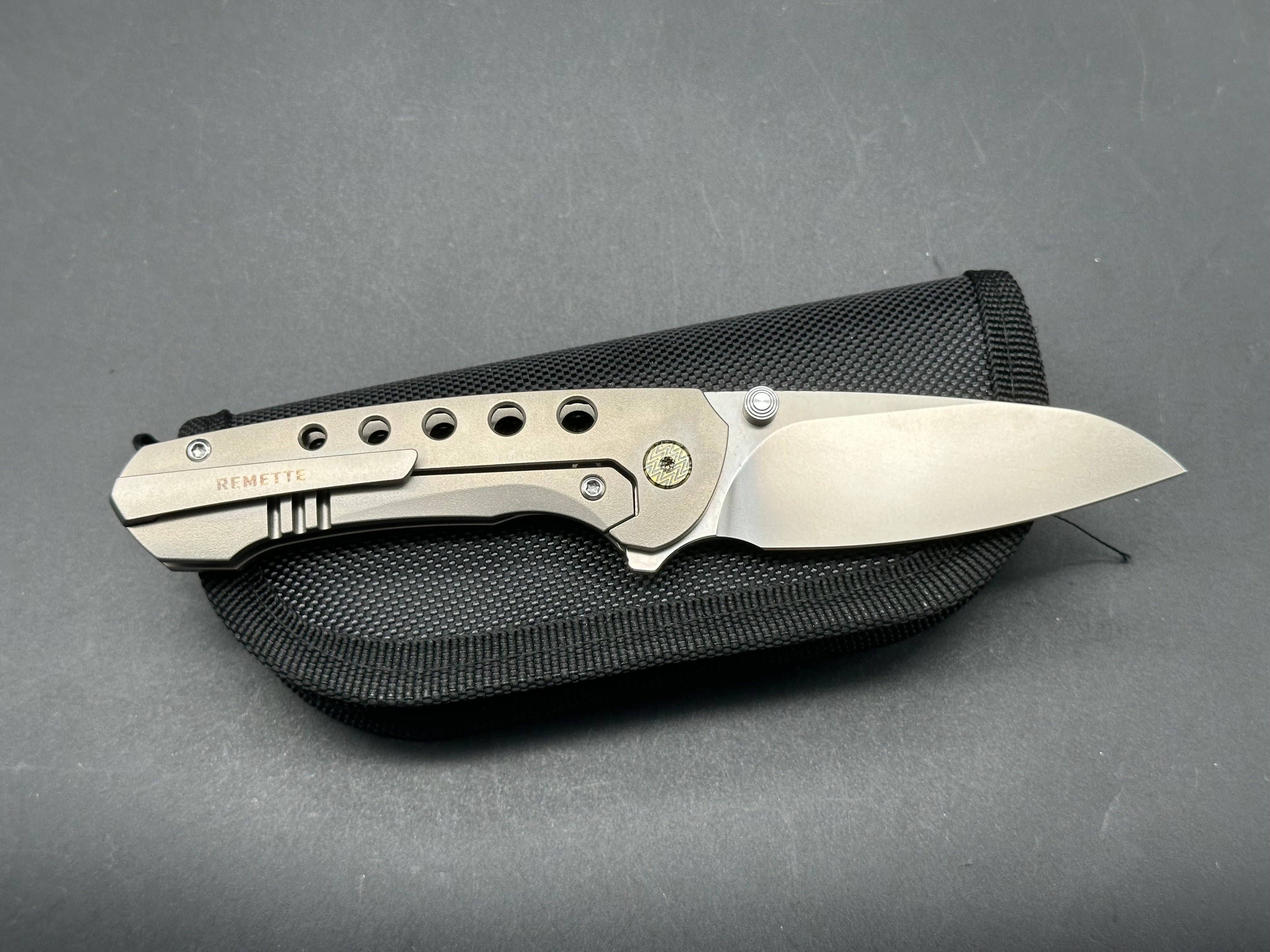 REMETTE BEE POCKET KNIFE ORANGE PEEL TITANIUM HANDLE M390 BLADE STEEL W/TITANIUM TOOTHPICK