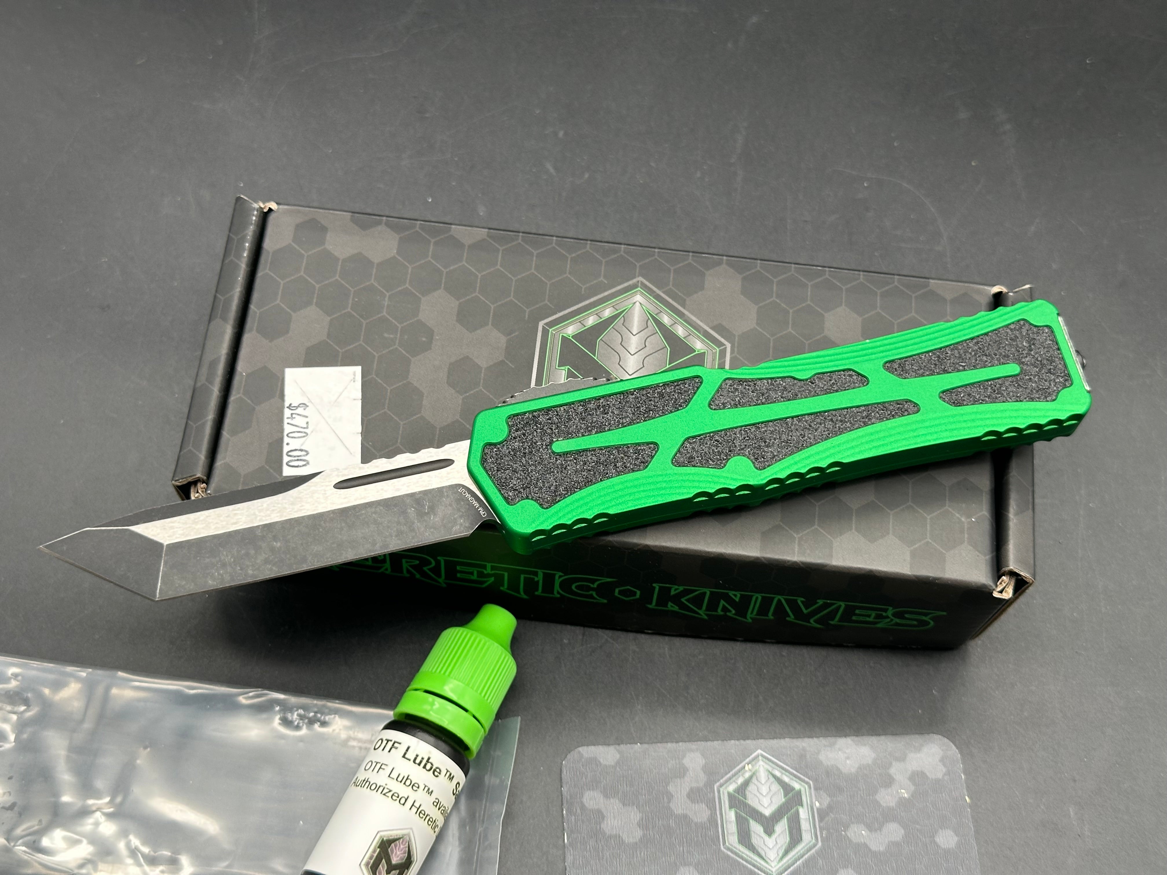 HERETIC KNIVES "COLOSSUS" OTF AUTOMATIC KNIFE GREEN 3.5" TANTO BATTLEWORN BLACK