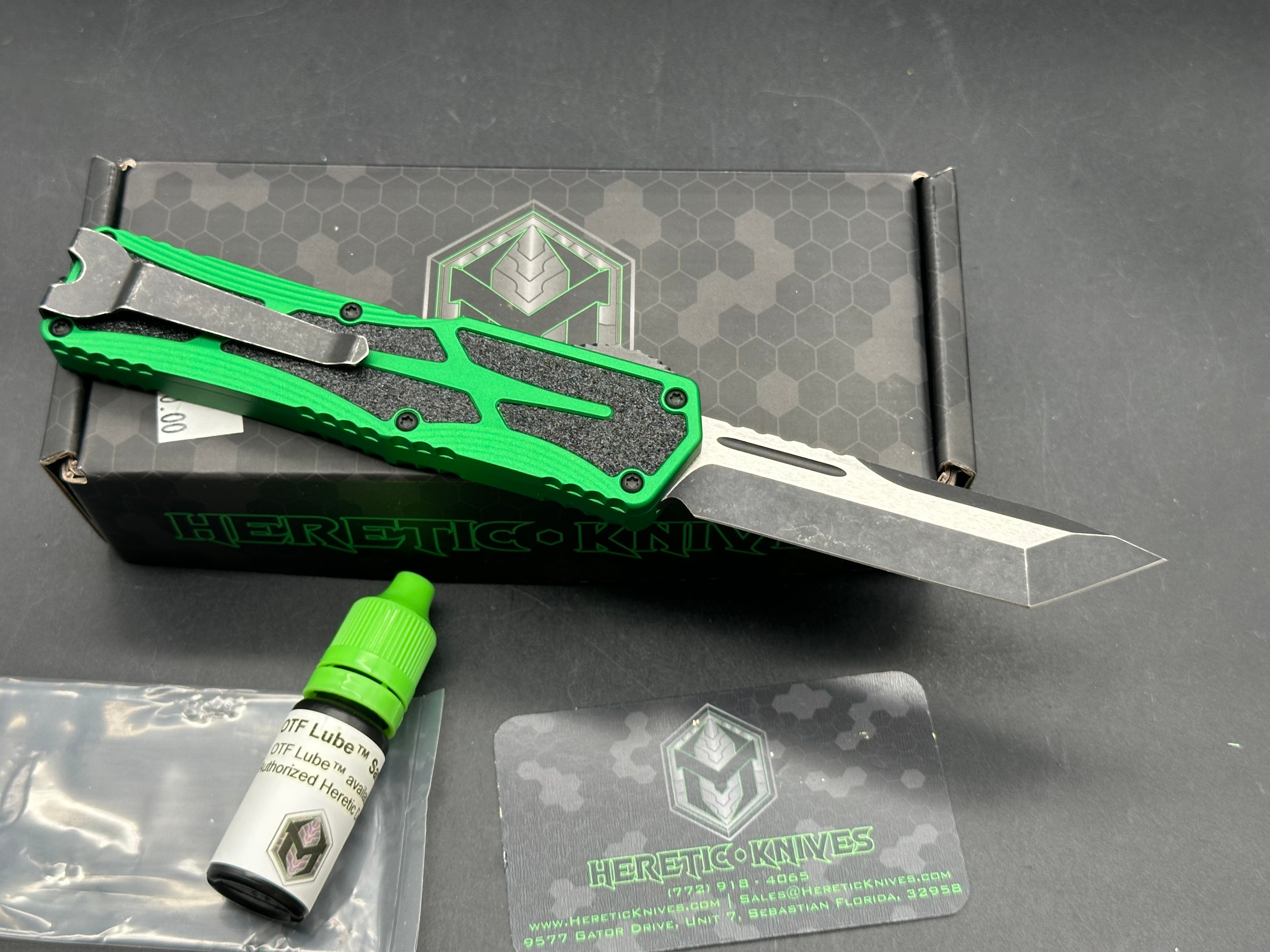 HERETIC KNIVES "COLOSSUS" OTF AUTOMATIC KNIFE GREEN 3.5" TANTO BATTLEWORN BLACK