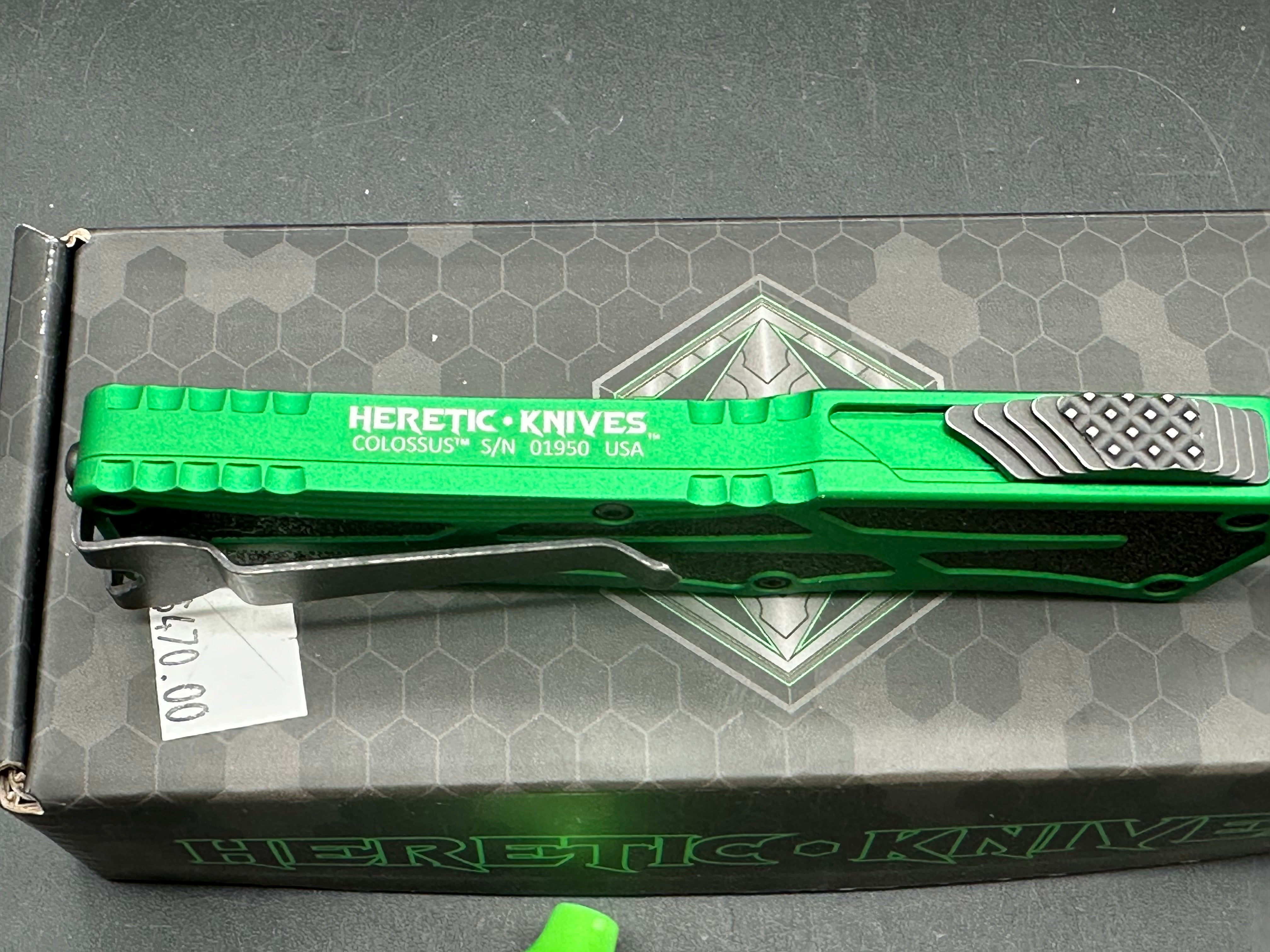 HERETIC KNIVES "COLOSSUS" OTF AUTOMATIC KNIFE GREEN 3.5" TANTO BATTLEWORN BLACK