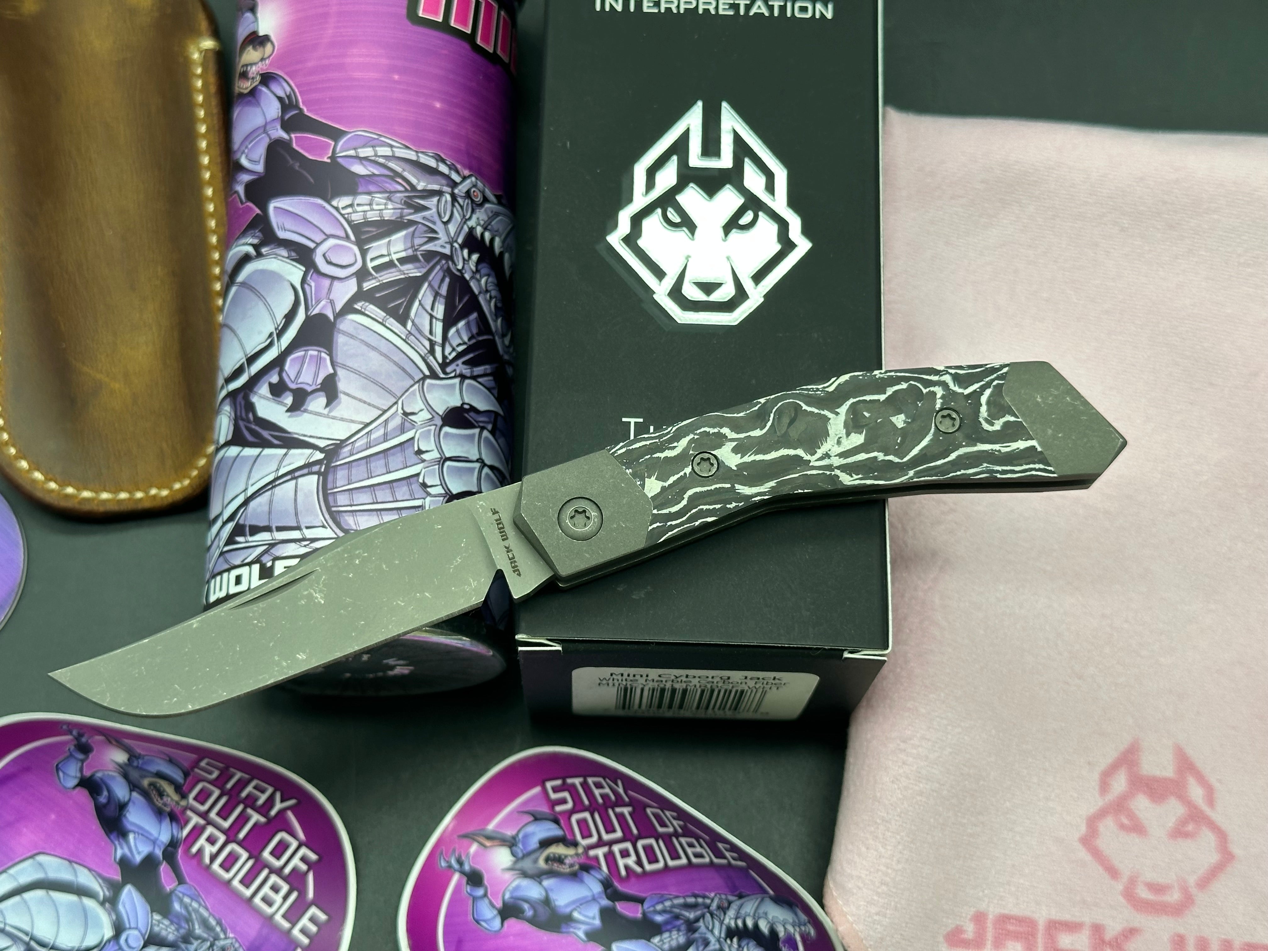 Jack Wolf Knives Mini Cyborg Jack Slip Joint Knife White Marble CF (2.6" BB/SW)