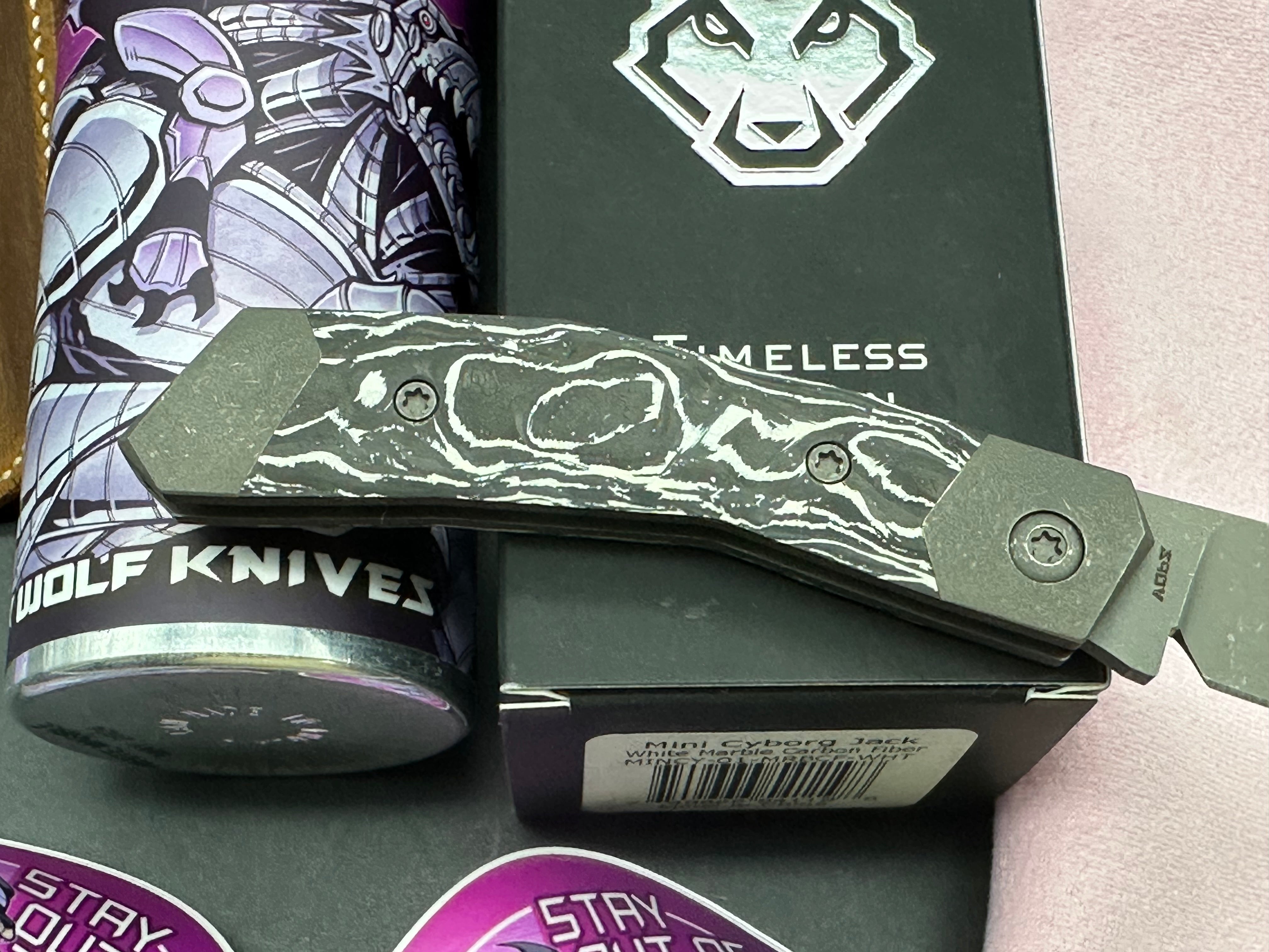 Jack Wolf Knives Mini Cyborg Jack Slip Joint Knife White Marble CF (2.6" BB/SW)