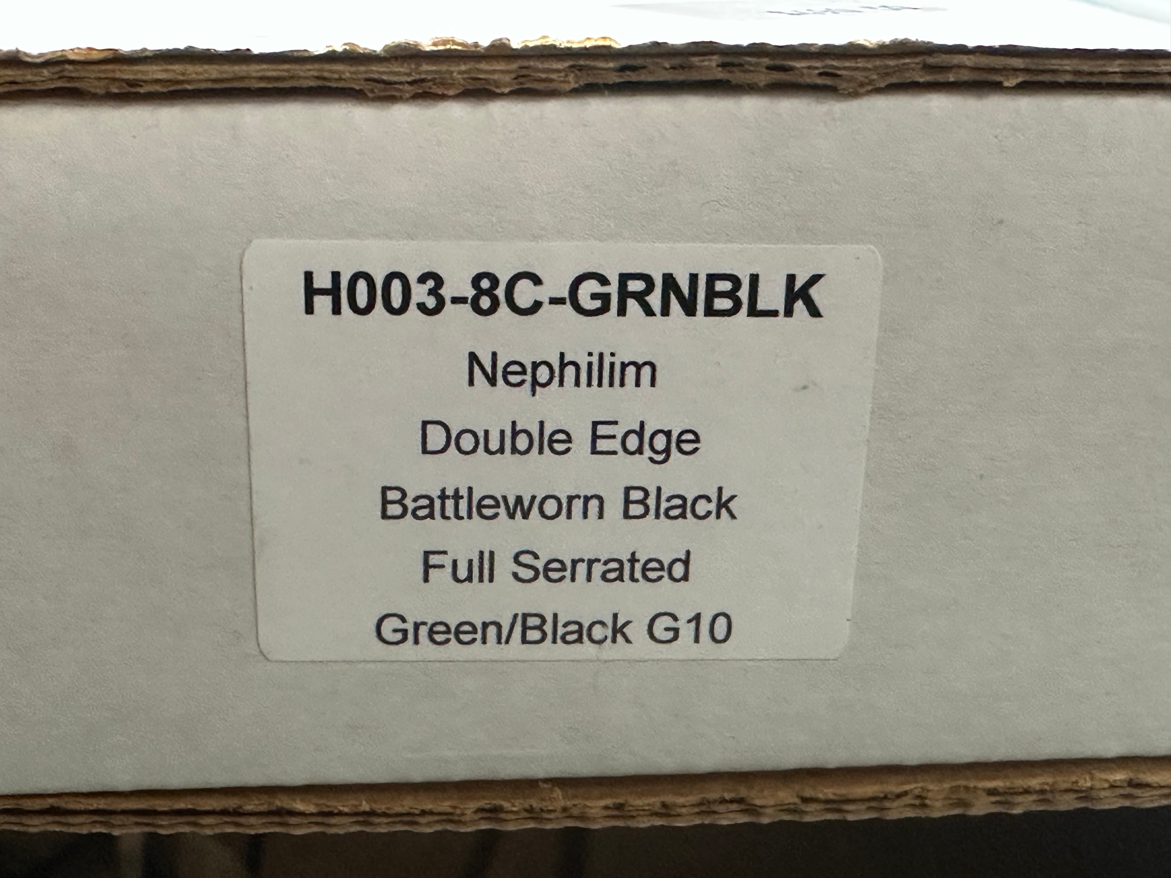 HERETIC NEPHILIM DOUBLE EDGE FIXED BLADE KNIFE - DOUBLE EDGE- BATTLEWORN BLACK FULL SERRATED BLADE WITH GREEN/BLACK G-10 SCALES