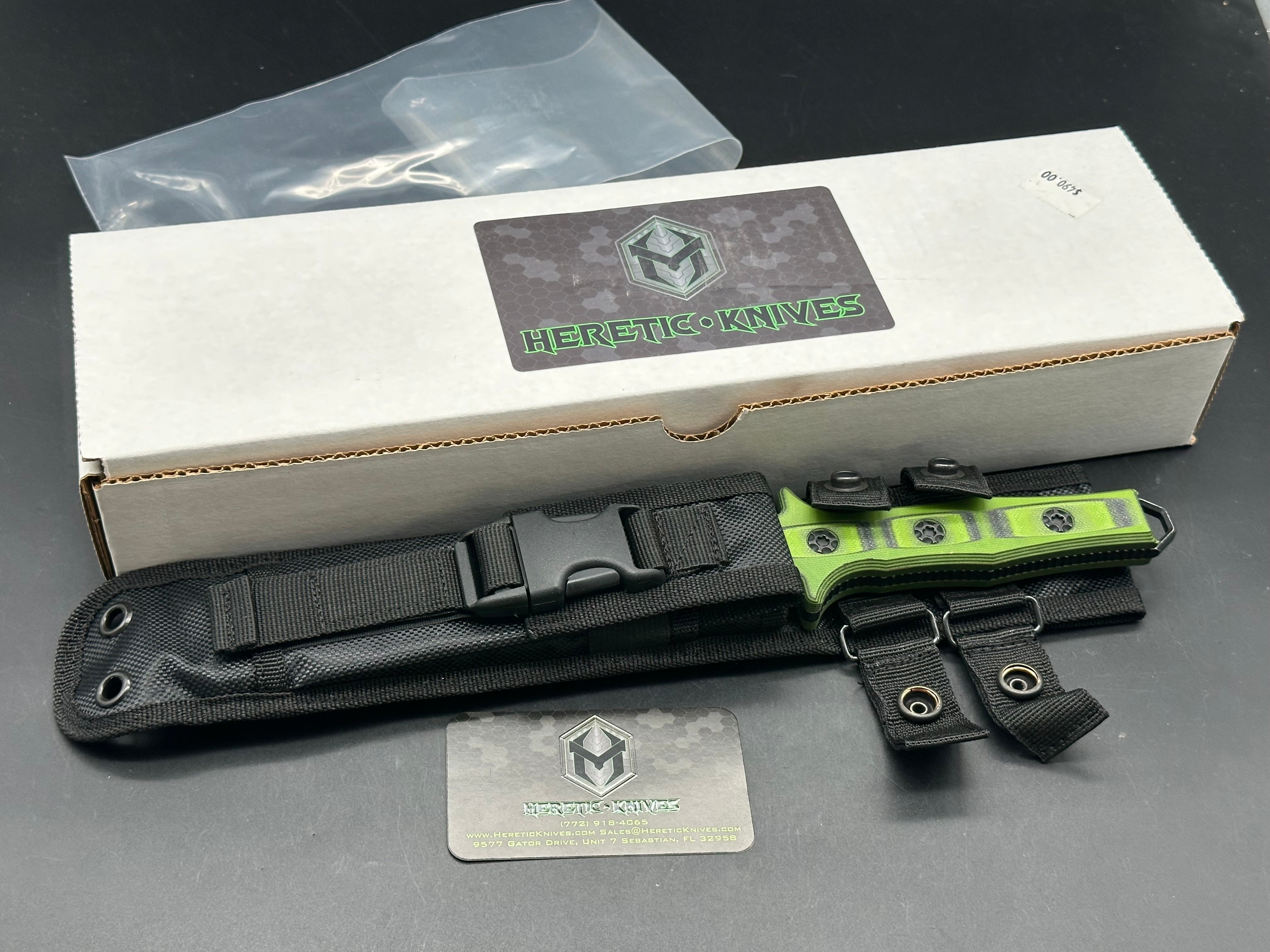 HERETIC NEPHILIM DOUBLE EDGE FIXED BLADE KNIFE - DOUBLE EDGE- BATTLEWORN BLACK FULL SERRATED BLADE WITH GREEN/BLACK G-10 SCALES