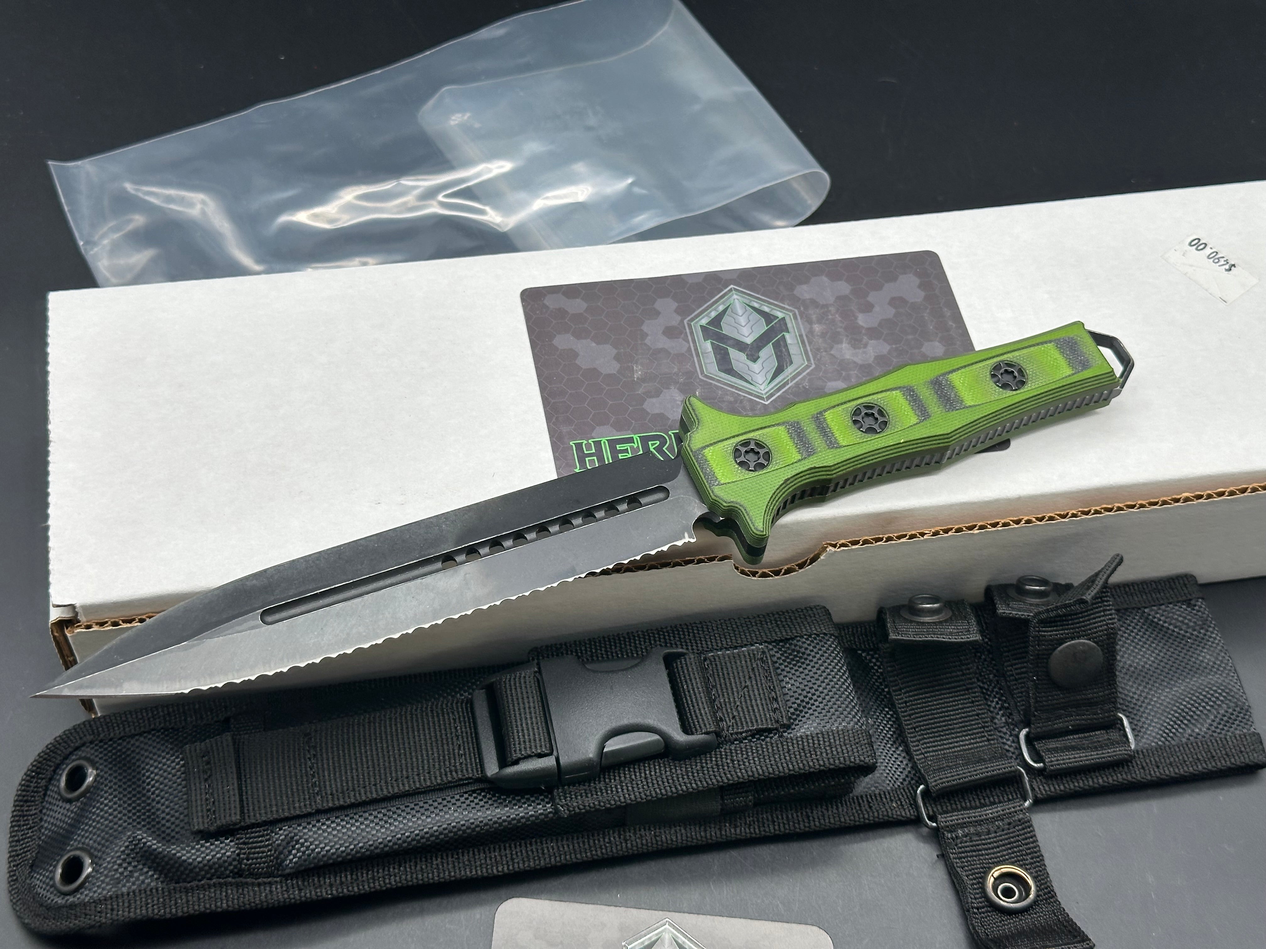 HERETIC NEPHILIM DOUBLE EDGE FIXED BLADE KNIFE - DOUBLE EDGE- BATTLEWORN BLACK FULL SERRATED BLADE WITH GREEN/BLACK G-10 SCALES
