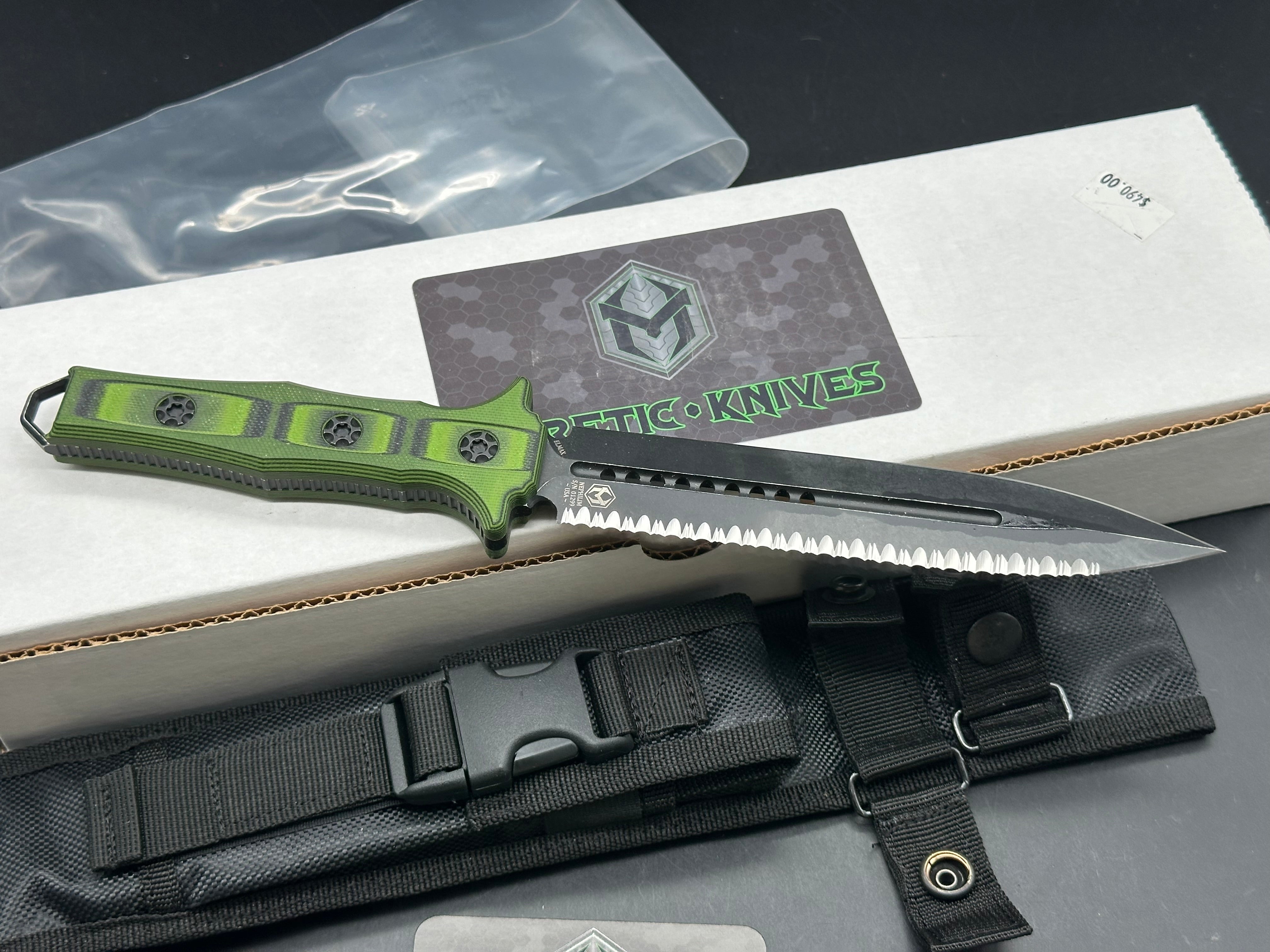 HERETIC NEPHILIM DOUBLE EDGE FIXED BLADE KNIFE - DOUBLE EDGE- BATTLEWORN BLACK FULL SERRATED BLADE WITH GREEN/BLACK G-10 SCALES