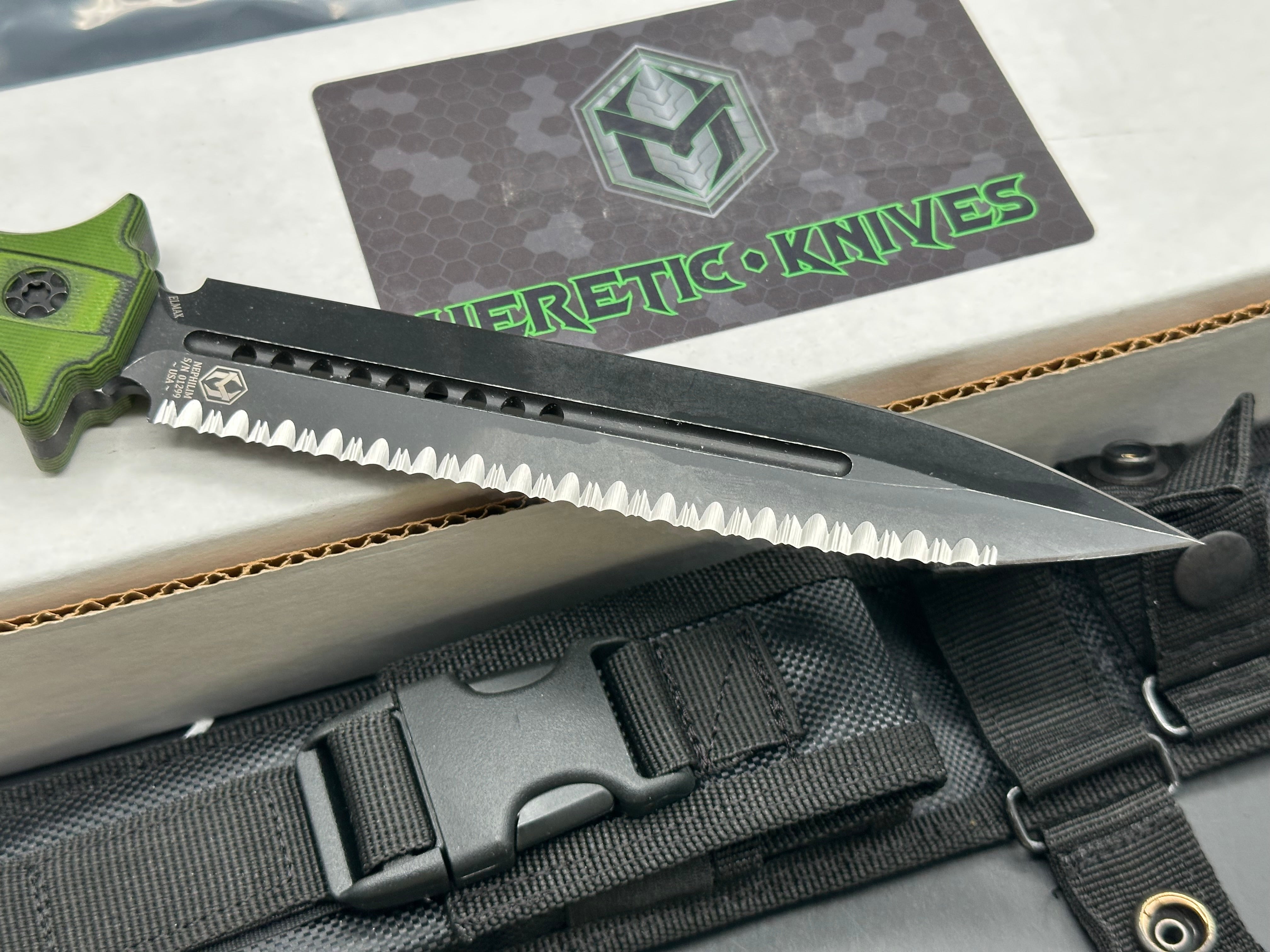 HERETIC NEPHILIM DOUBLE EDGE FIXED BLADE KNIFE - DOUBLE EDGE- BATTLEWORN BLACK FULL SERRATED BLADE WITH GREEN/BLACK G-10 SCALES