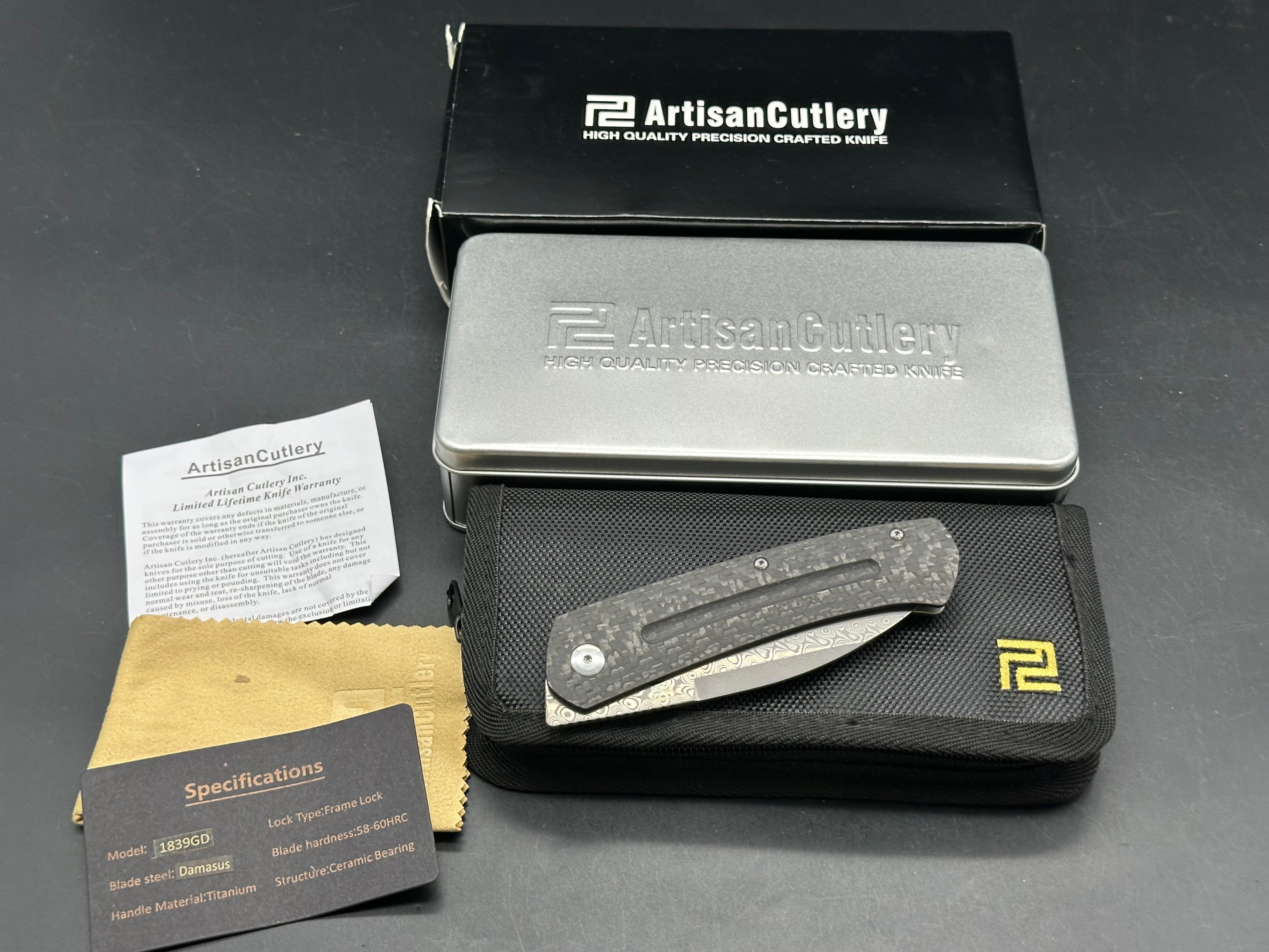 Artisan Cutlery Centauri: 3.5 inch Damascus blade. Front flipper. Carbon fiber front scale