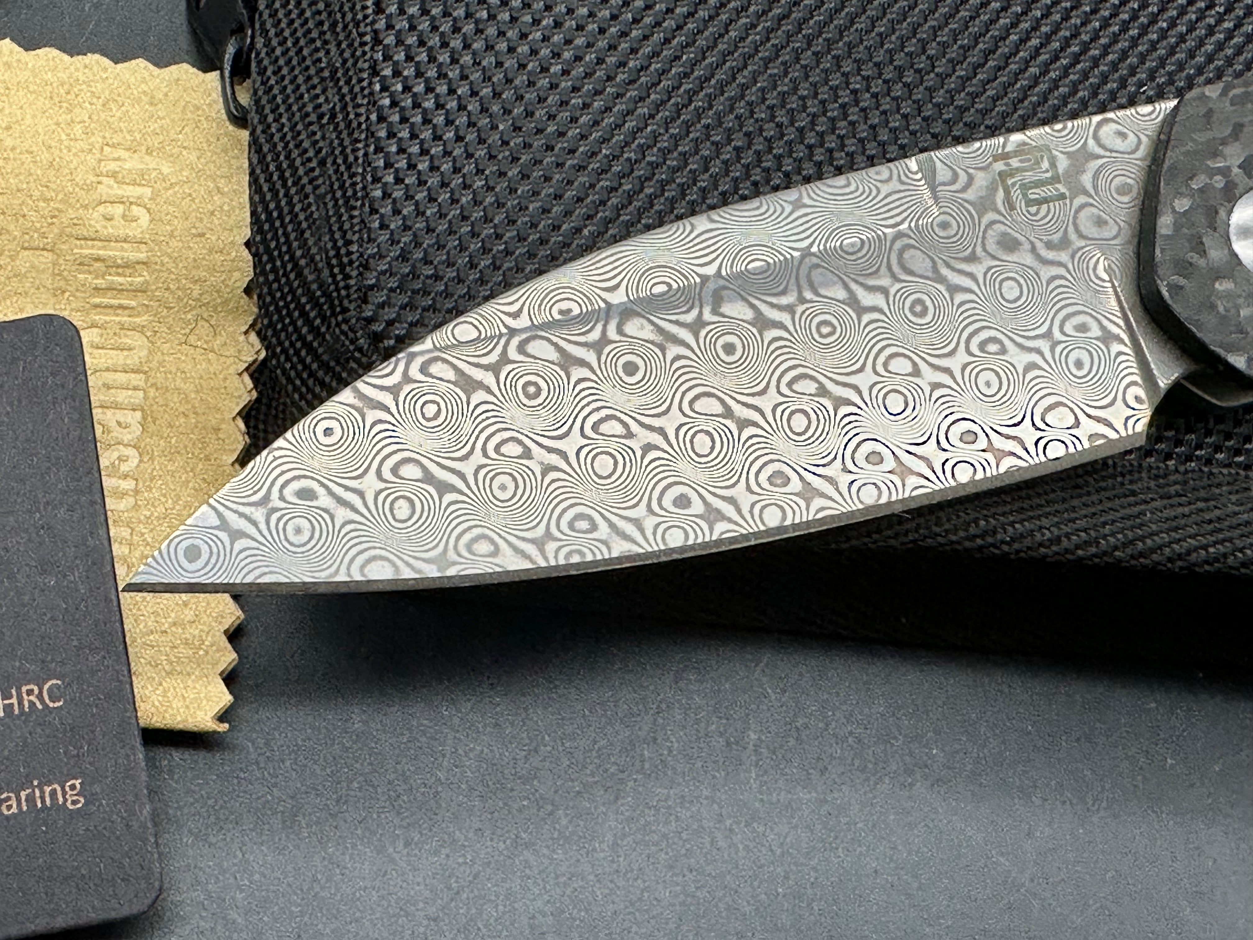 Artisan Cutlery Centauri: 3.5 inch Damascus blade. Front flipper. Carbon fiber front scale
