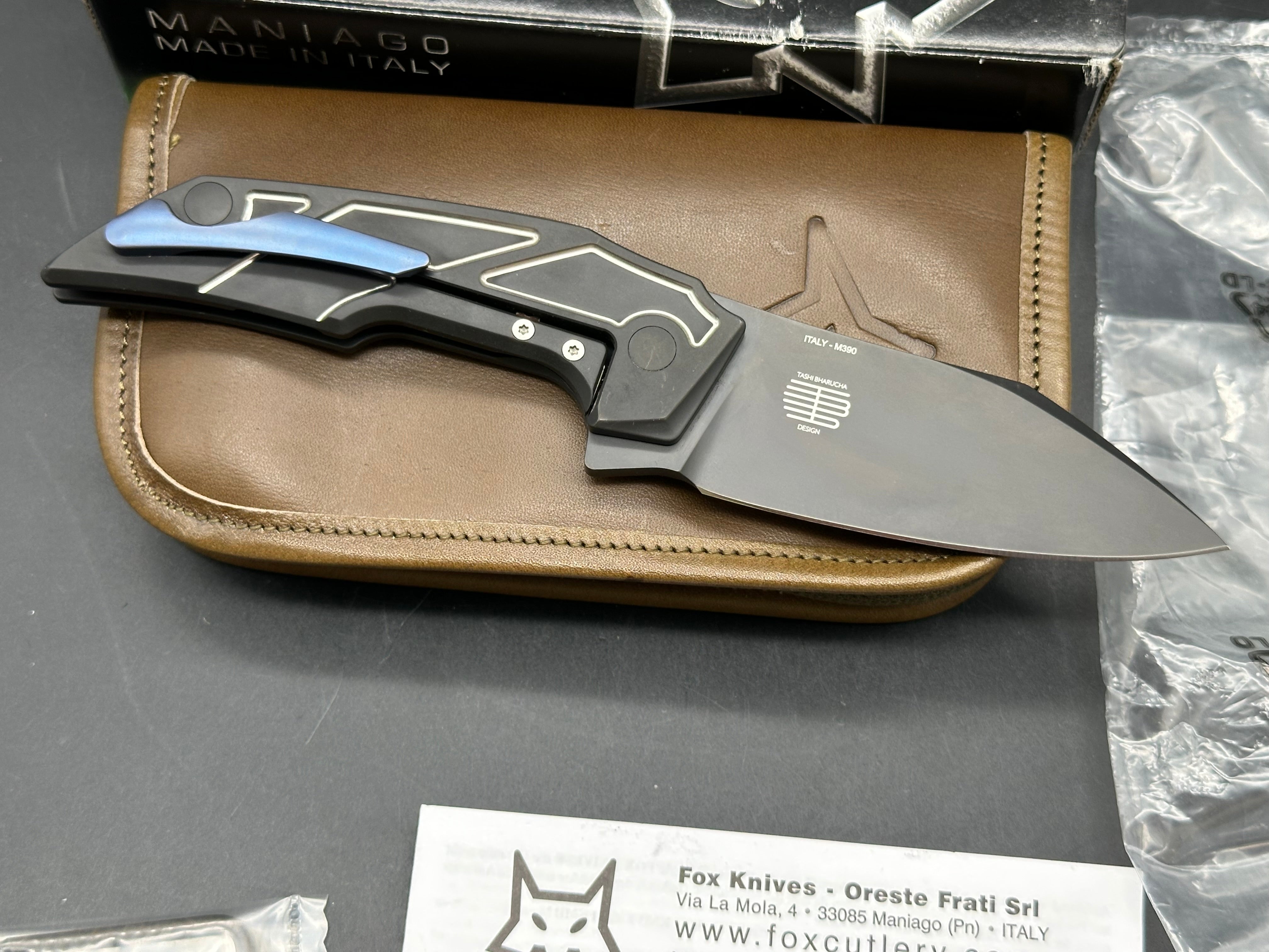 Fox Knives Phoenix: Tashi Bharucha design. Made in Italy. 3.54 inch Bohler M390 blade. Machined titanium handle