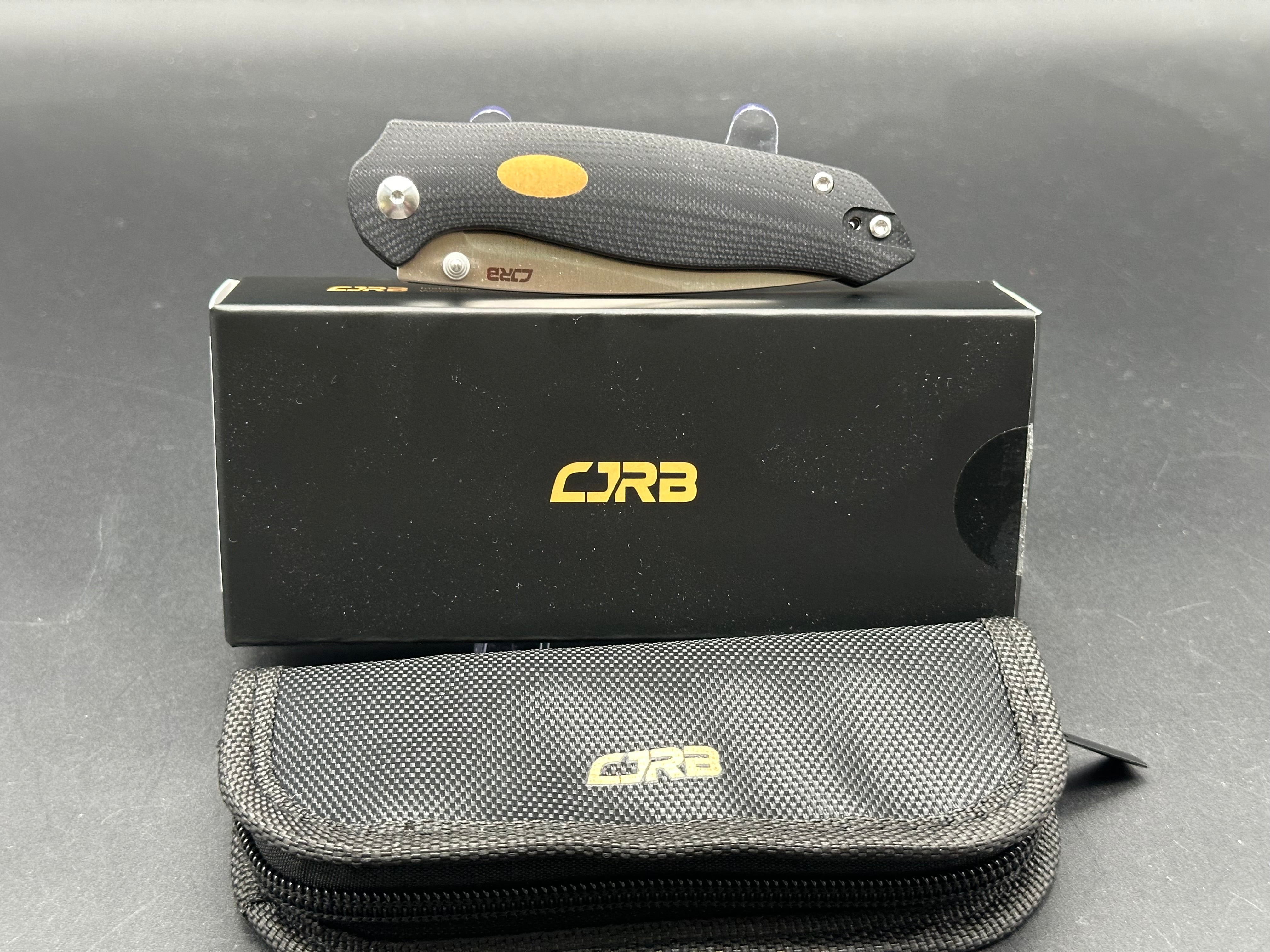 CJRB AES BLACK G10/BRASS HANDLE AR-RPM9 DROP POINT PLAIN EDGE SAND POLISH FINISH