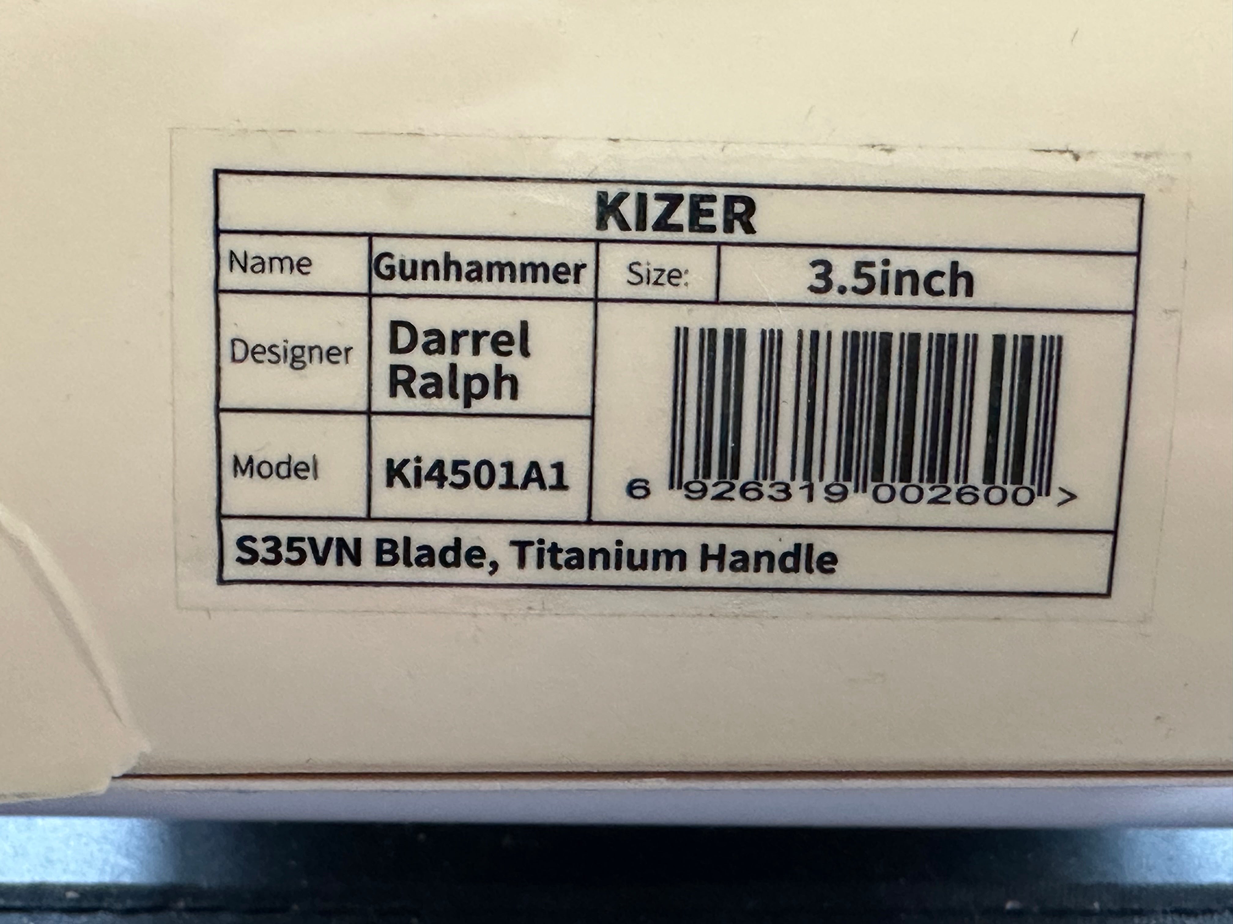 Kizer Gunhammer: Designed by Darrel Ralph after his custom Gunhammer. 3.5 inch CPM-S35VN bowie blade