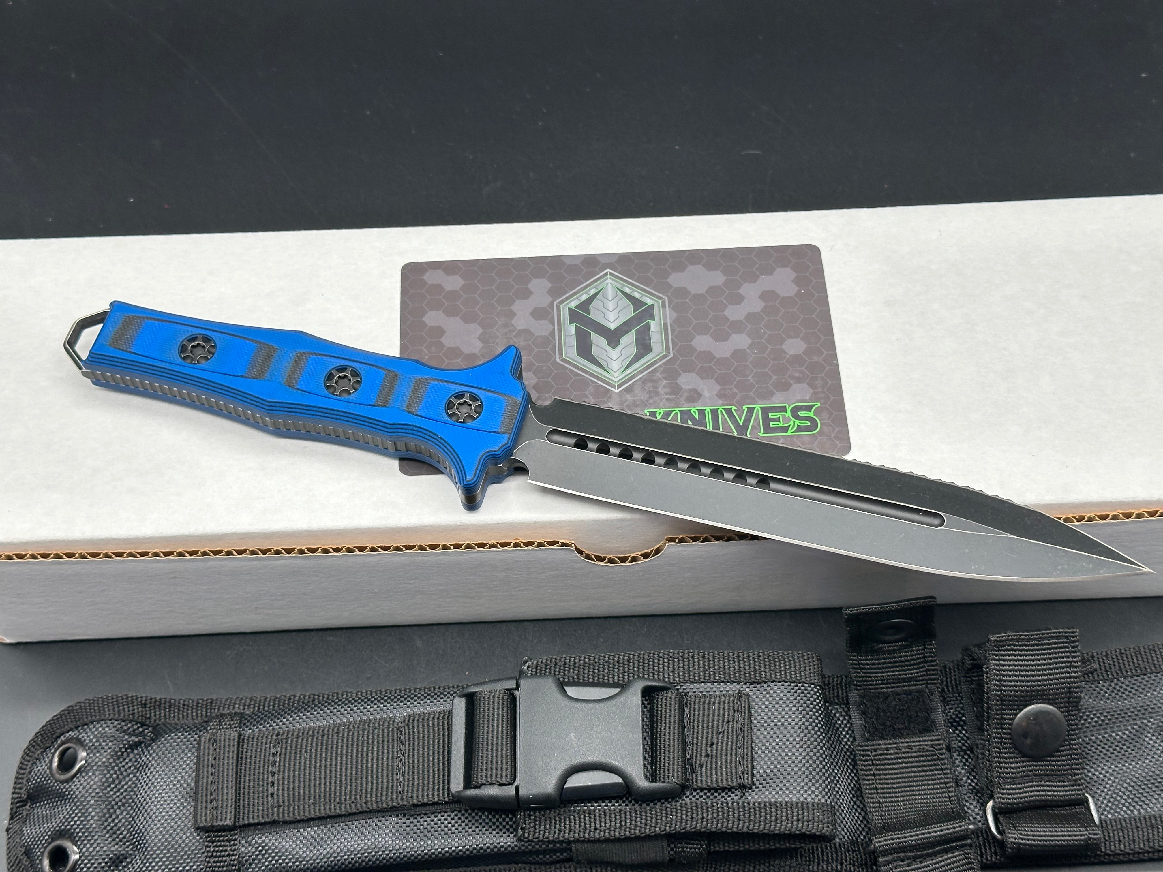 Heretic Knives – H003-8C-BLUBLK – Nephilim Fixed Blade D/E Dagger – Serrated – Elmax – G10 – Blue Black