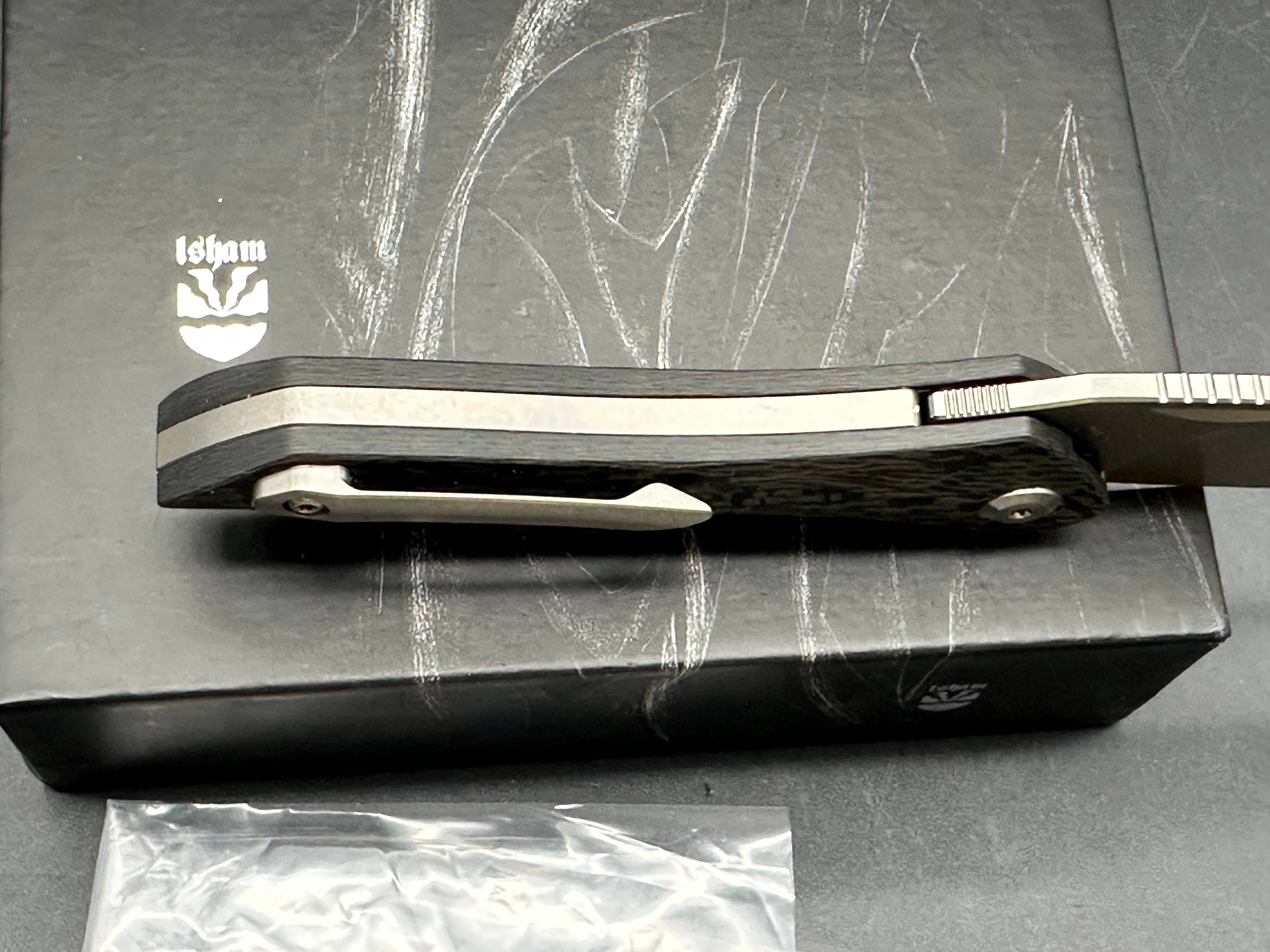 Isham Bladeworks Abstruse: Elijah Isham design. 2.875 inch stonewashed Bohler M390 blade