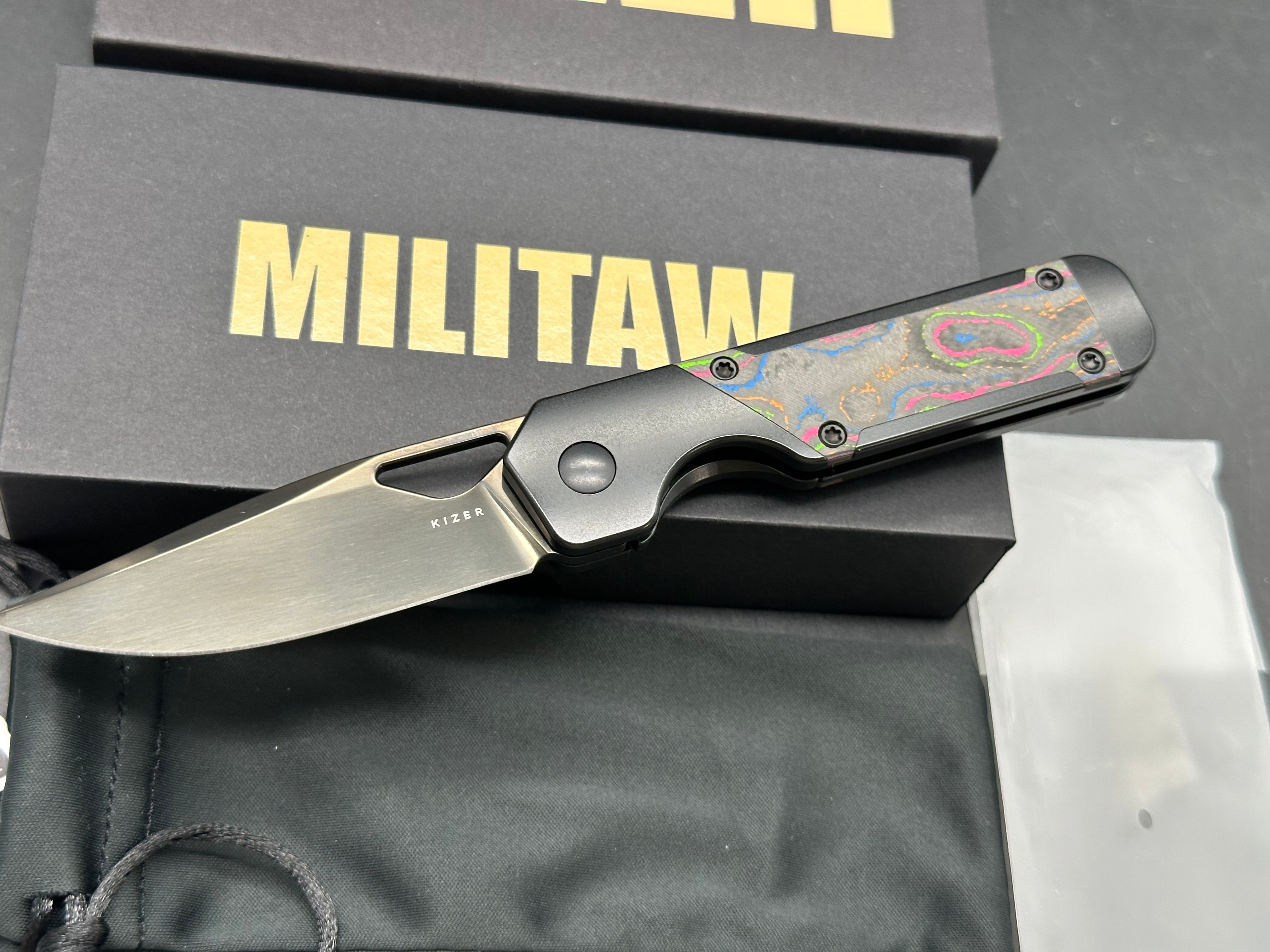 Kizer Mini Militaw Frame Lock Knife Black Titanium Camo Carbon 80's (2.8" Black)