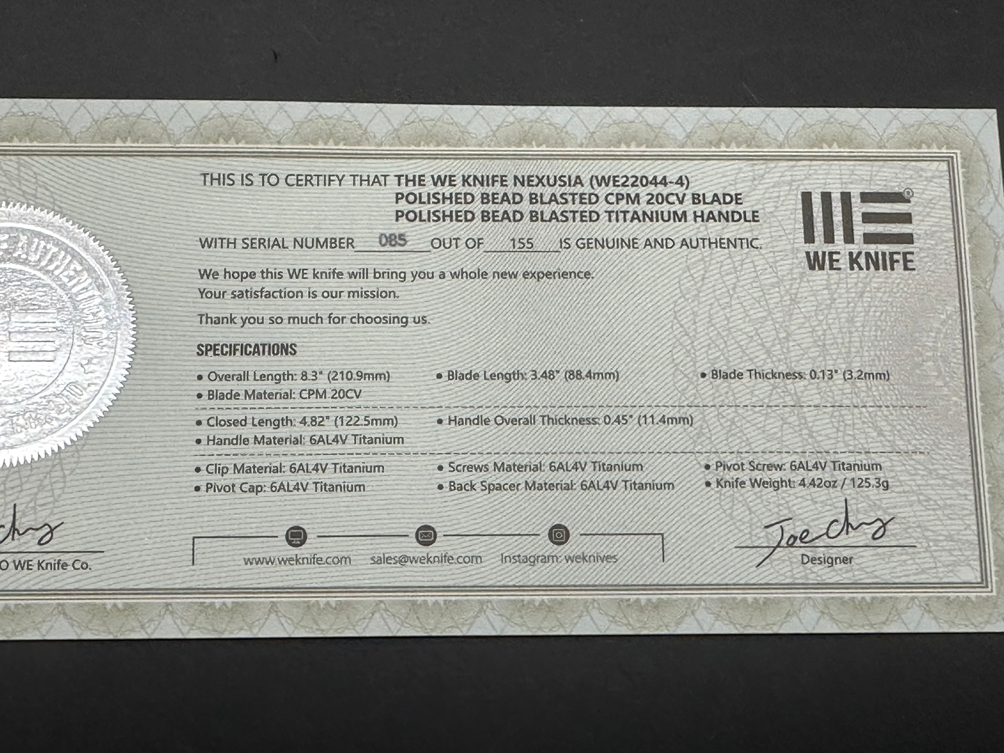 WE NEXUSIA POLISHED BEAD BLAST TITANIUM HANDLE 20CV