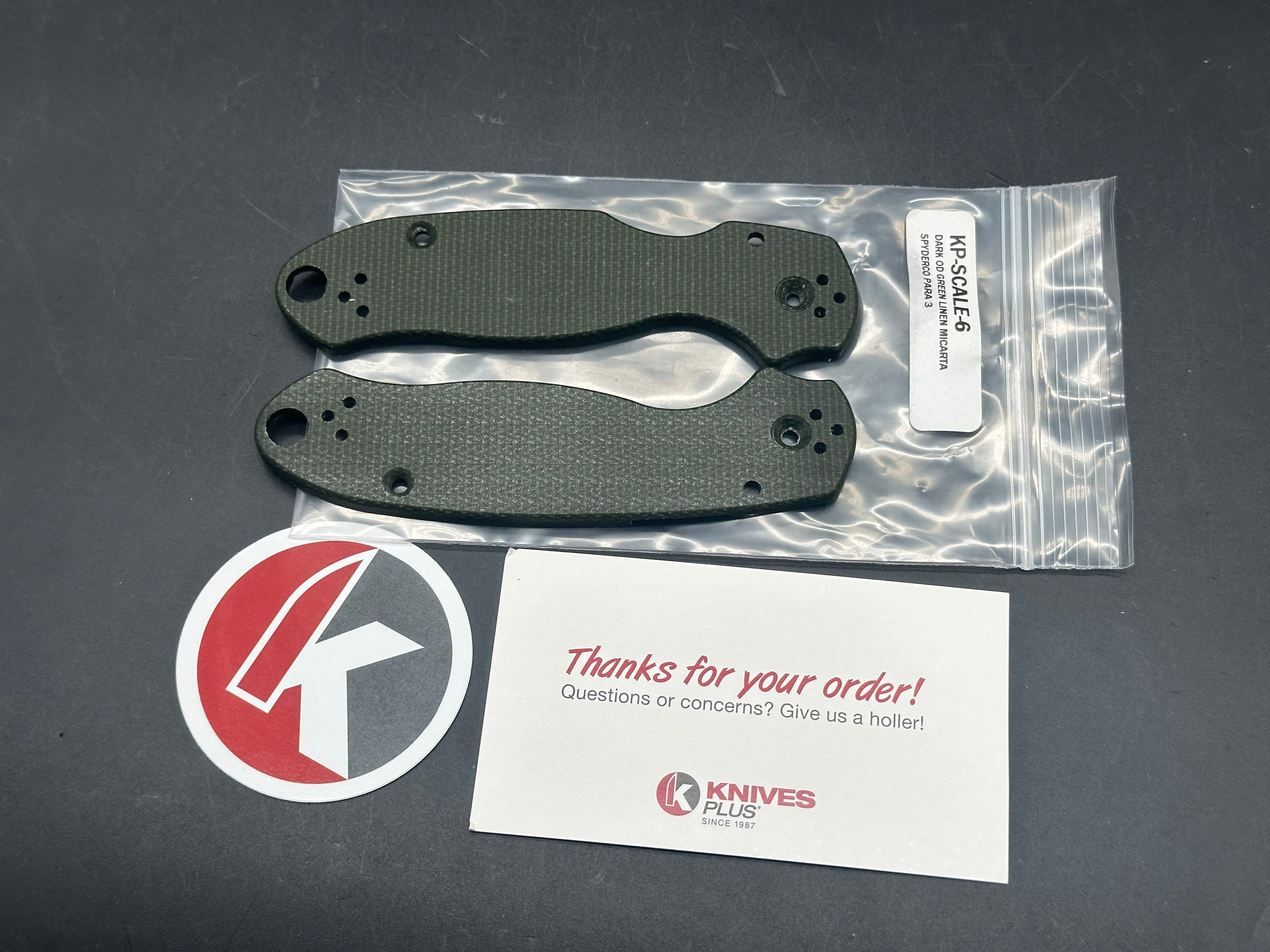 Spyderco Para 3 Replacement Scales from Knives Plus in OD Green Linen Micarta (These will only fit the G10 Para 3)