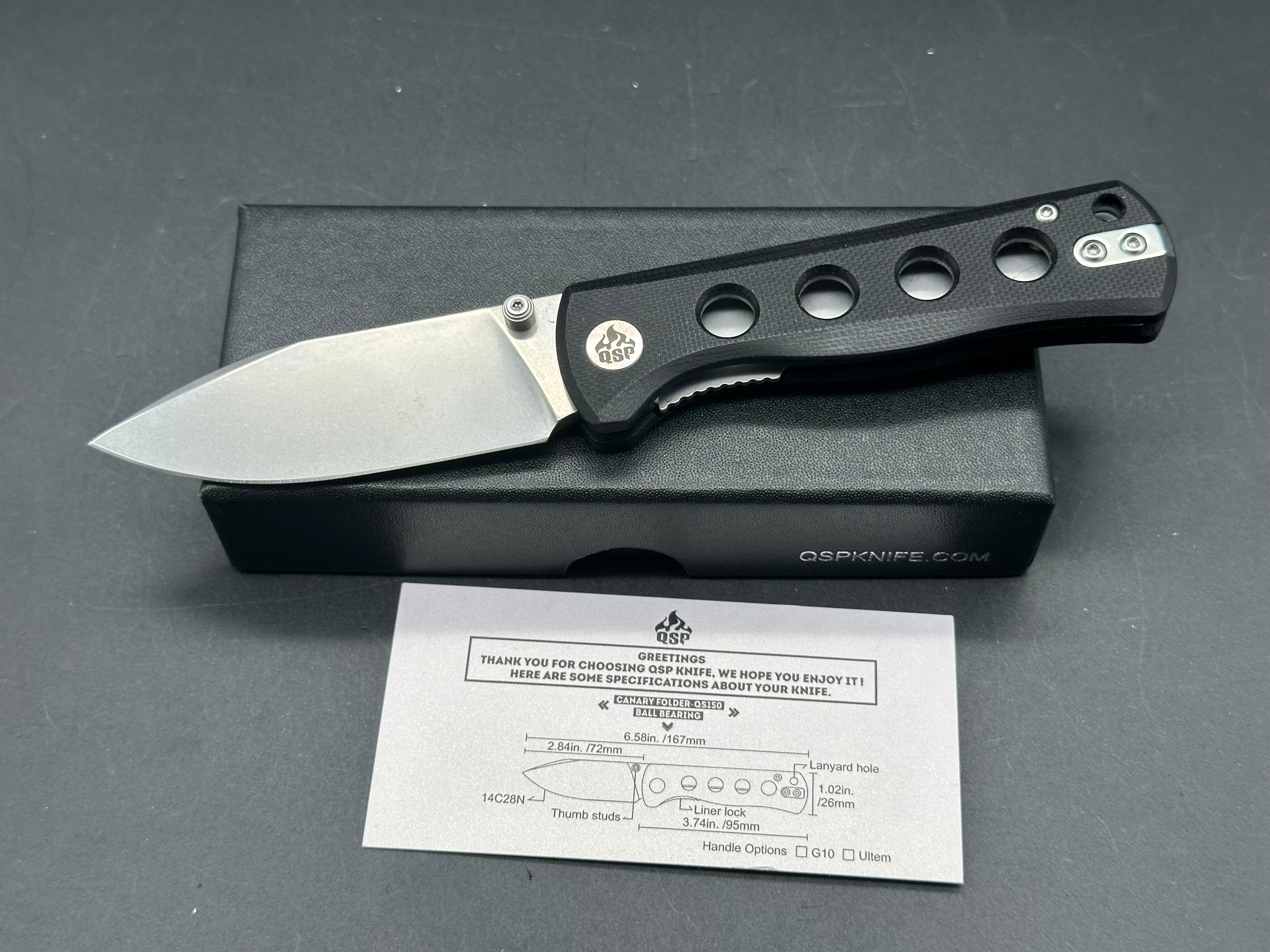 QSP Canary Folder, 2.84" 14C28N Stonewash Blade with Black G10 Handle