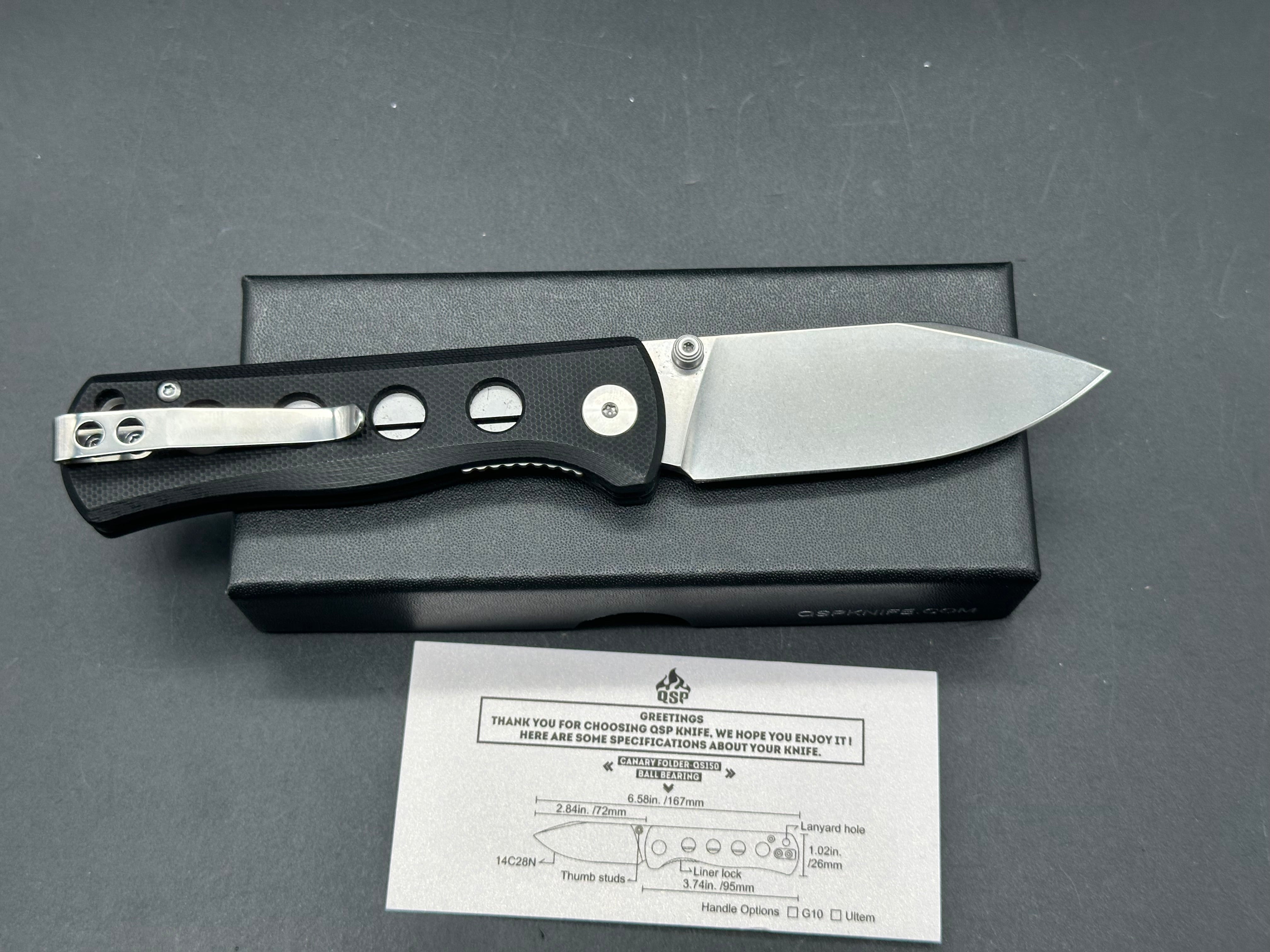 QSP Canary Folder, 2.84" 14C28N Stonewash Blade with Black G10 Handle