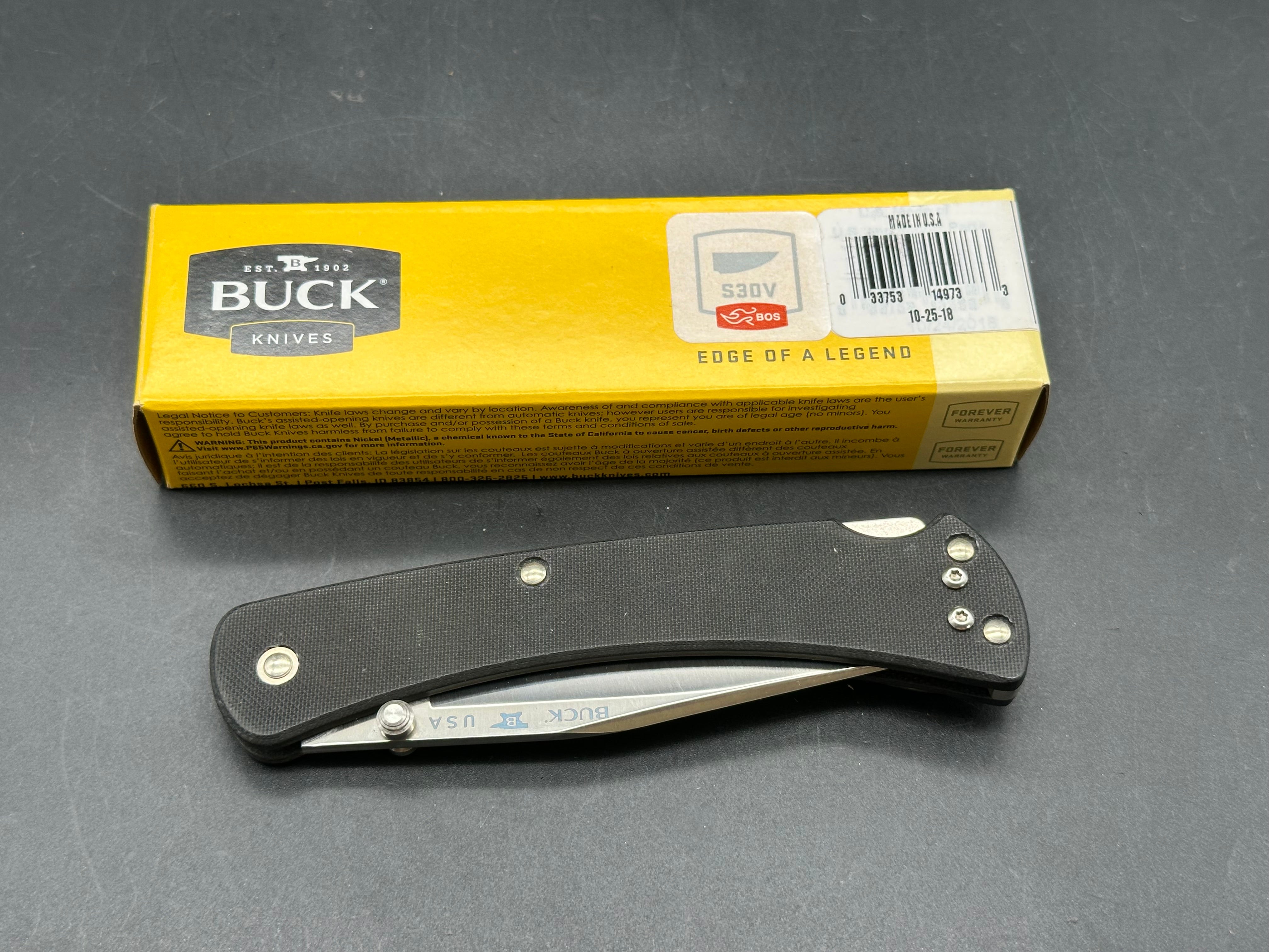 Buck 110 Slim PRO, 3.75" CPM S30V Satin Clip Point, Lockback with Black G 10 Scales