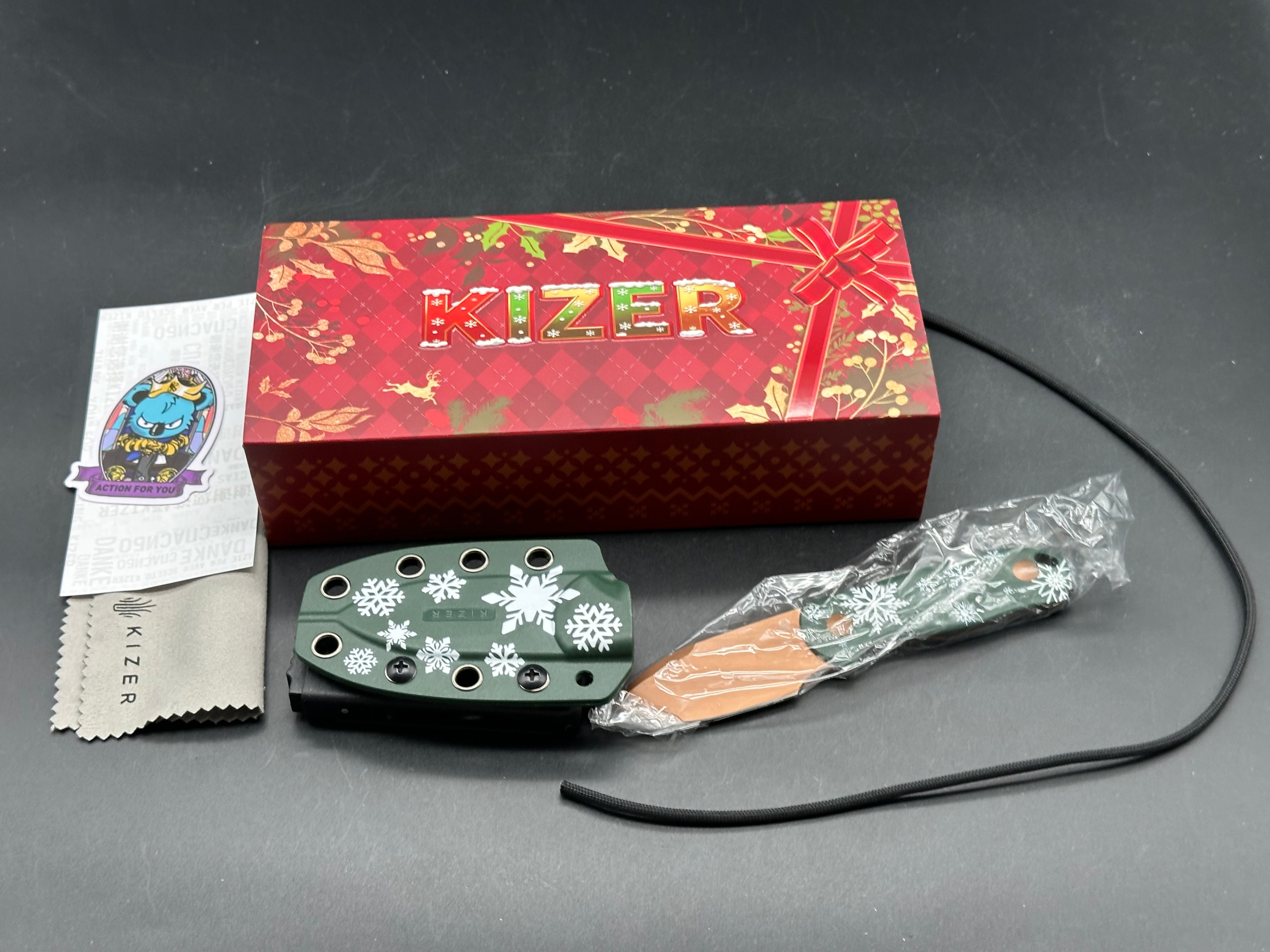 Kizer Drop Bear Fixed Blade Christmas Edition, 2.6" D2 Sunset Metal PVD Blade with Green Winter G10 Scales plus matching Green Winter Sheath