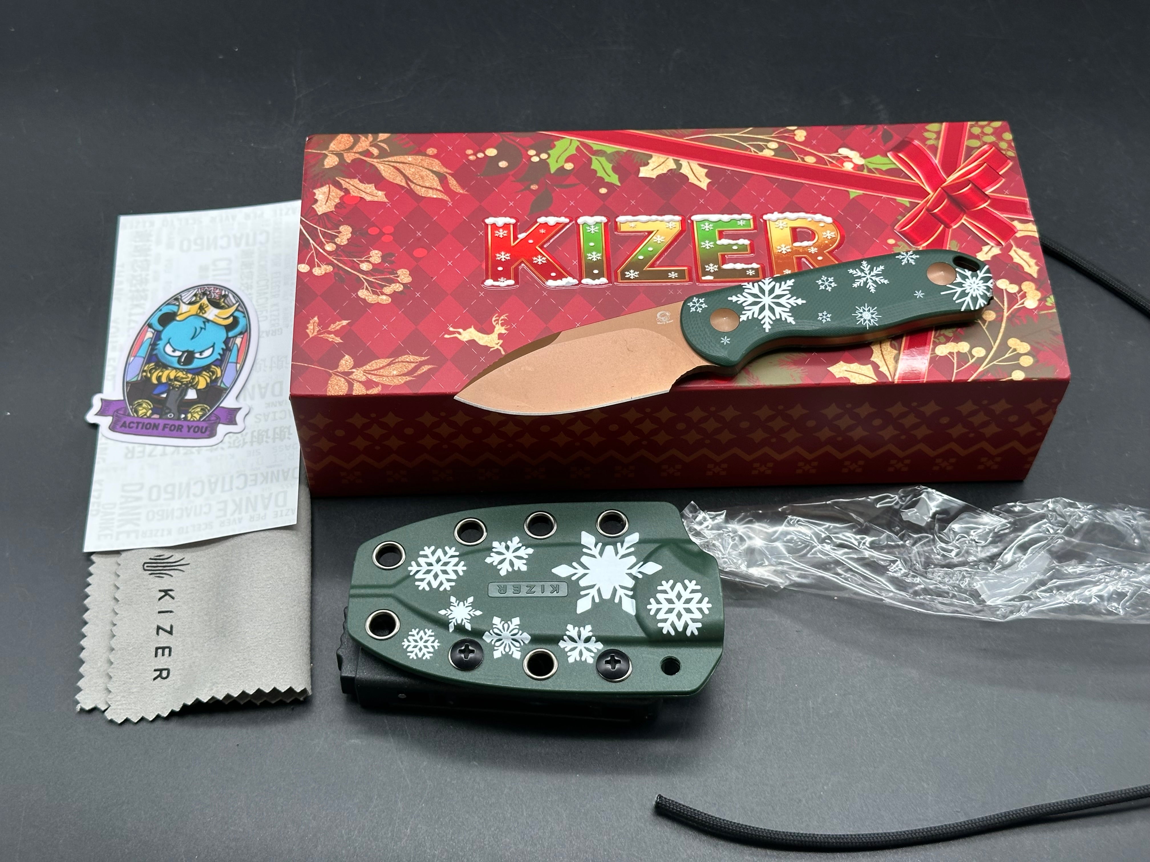 Kizer Drop Bear Fixed Blade Christmas Edition, 2.6" D2 Sunset Metal PVD Blade with Green Winter G10 Scales plus matching Green Winter Sheath