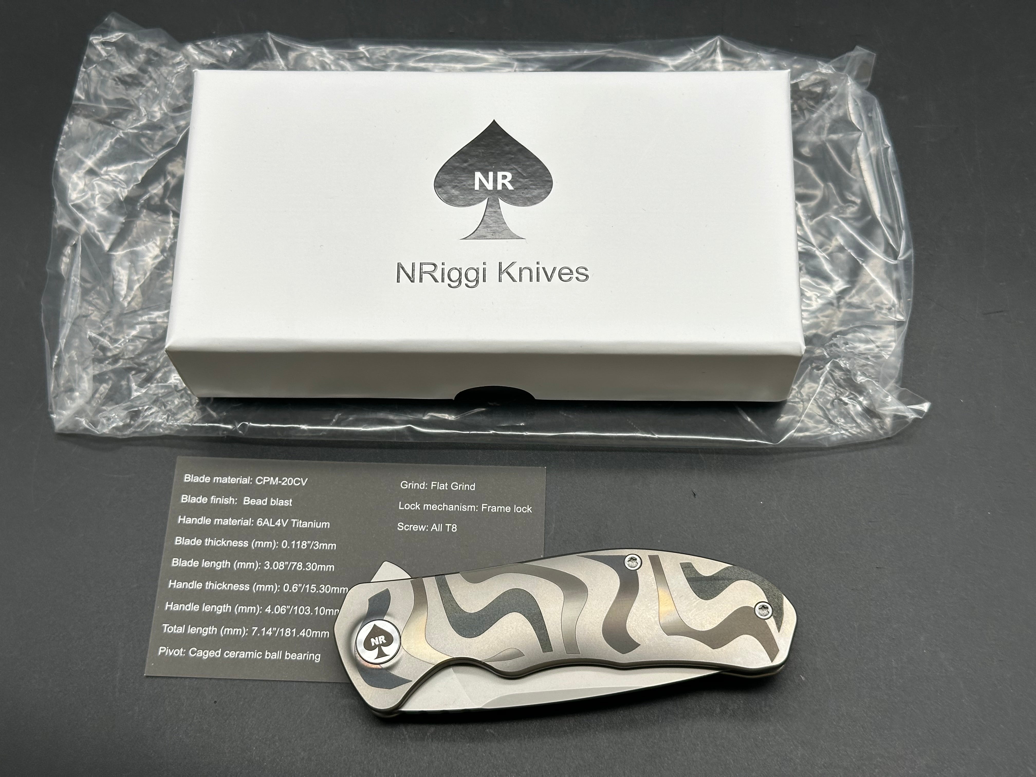 NRiggi Knives "JERSEY" Laser Engraved Titanium Scales w/CPM 20CV bead blast blade (wave pattern)