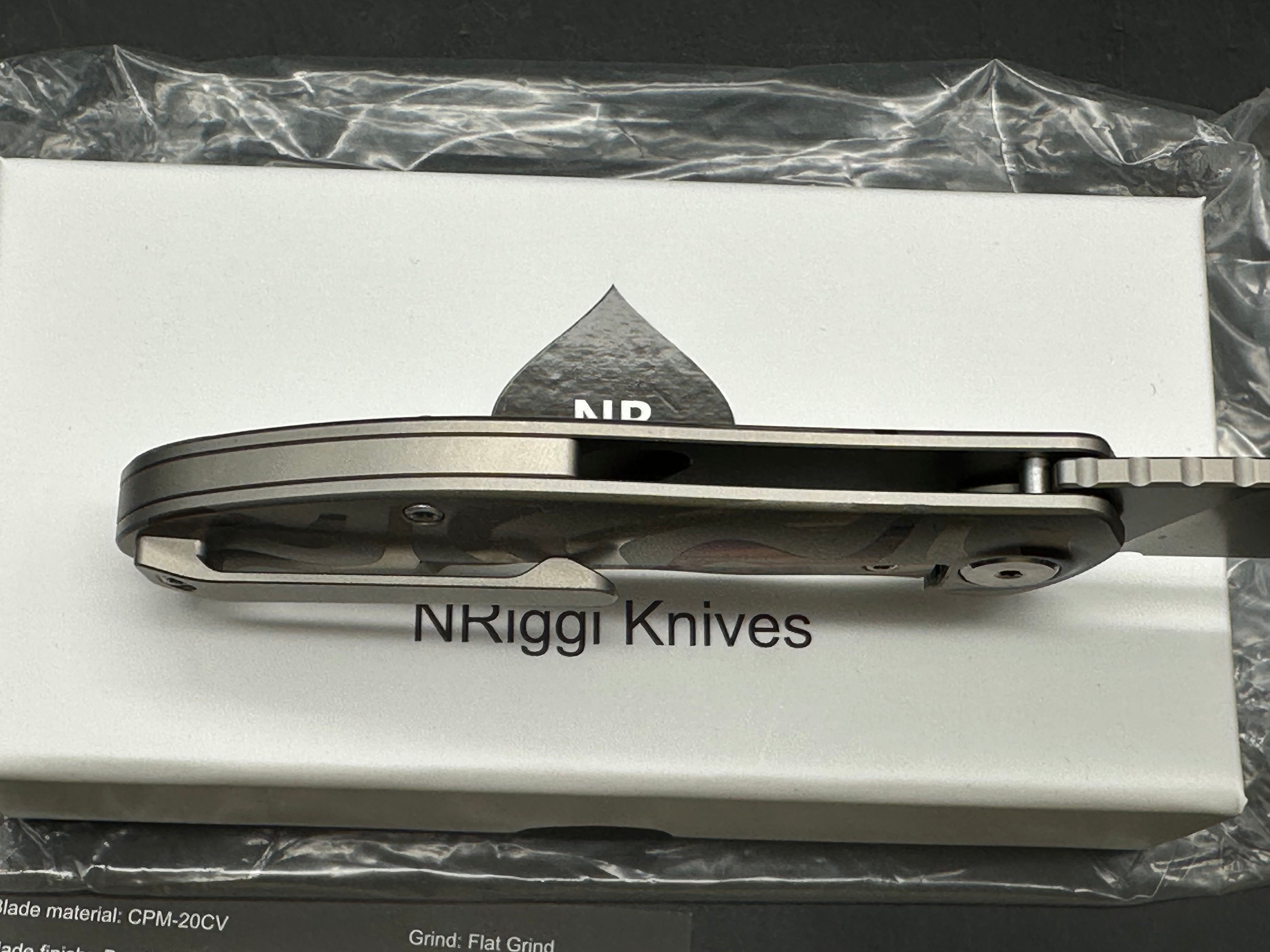 NRiggi Knives "JERSEY" Laser Engraved Titanium Scales w/CPM 20CV bead blast blade (wave pattern)