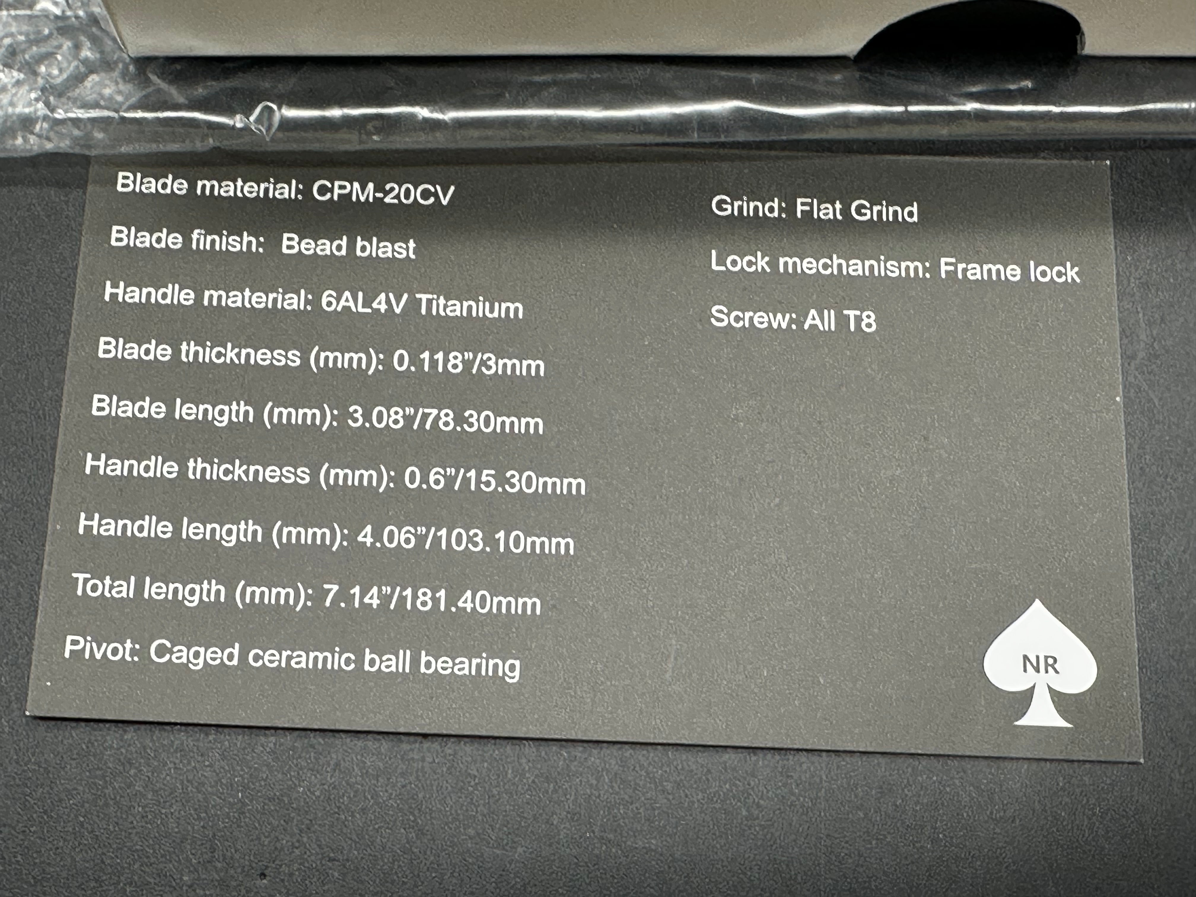 NRiggi Knives "JERSEY" Laser Engraved Titanium Scales w/CPM 20CV bead blast blade (wave pattern)