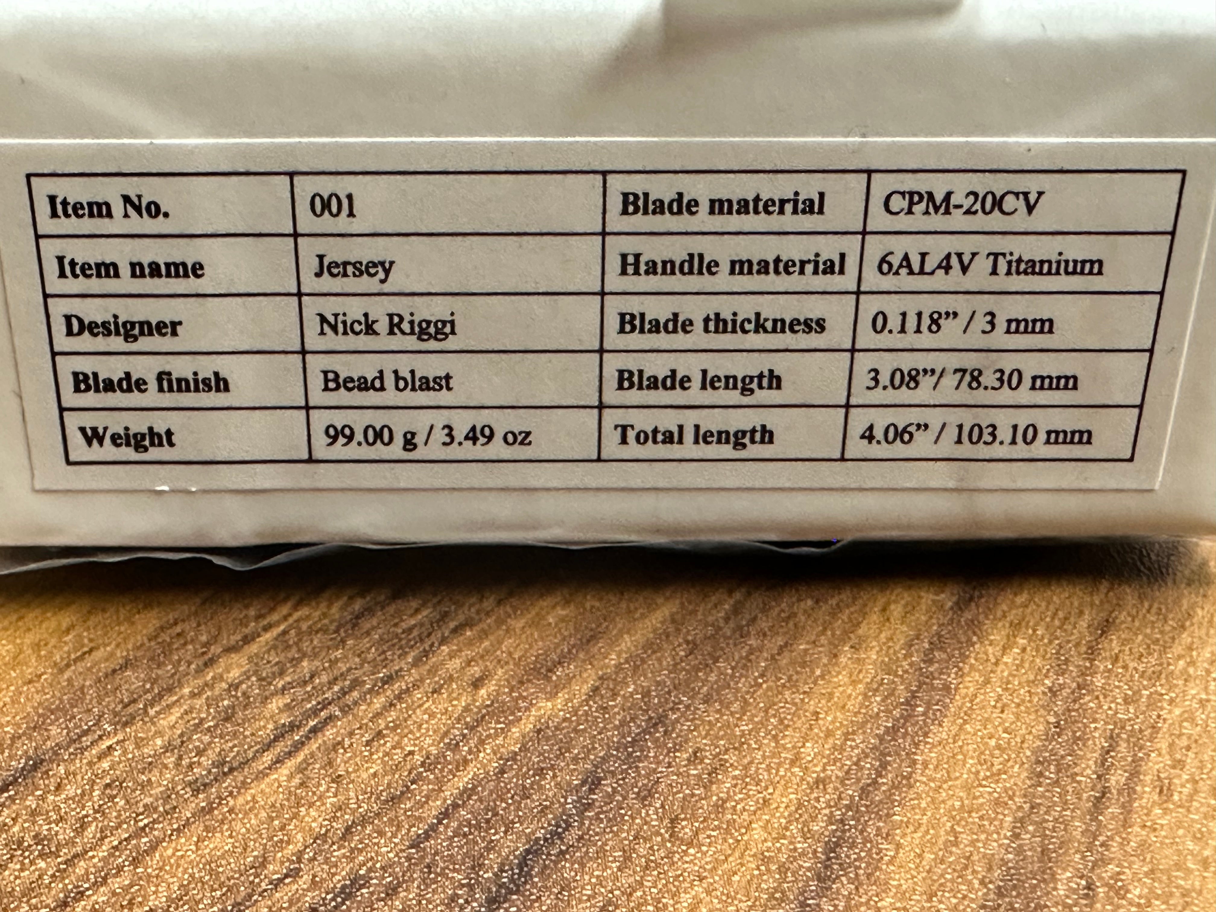 NRiggi Knives "JERSEY" Laser Engraved Titanium Scales w/CPM 20CV bead blast blade (wave pattern)