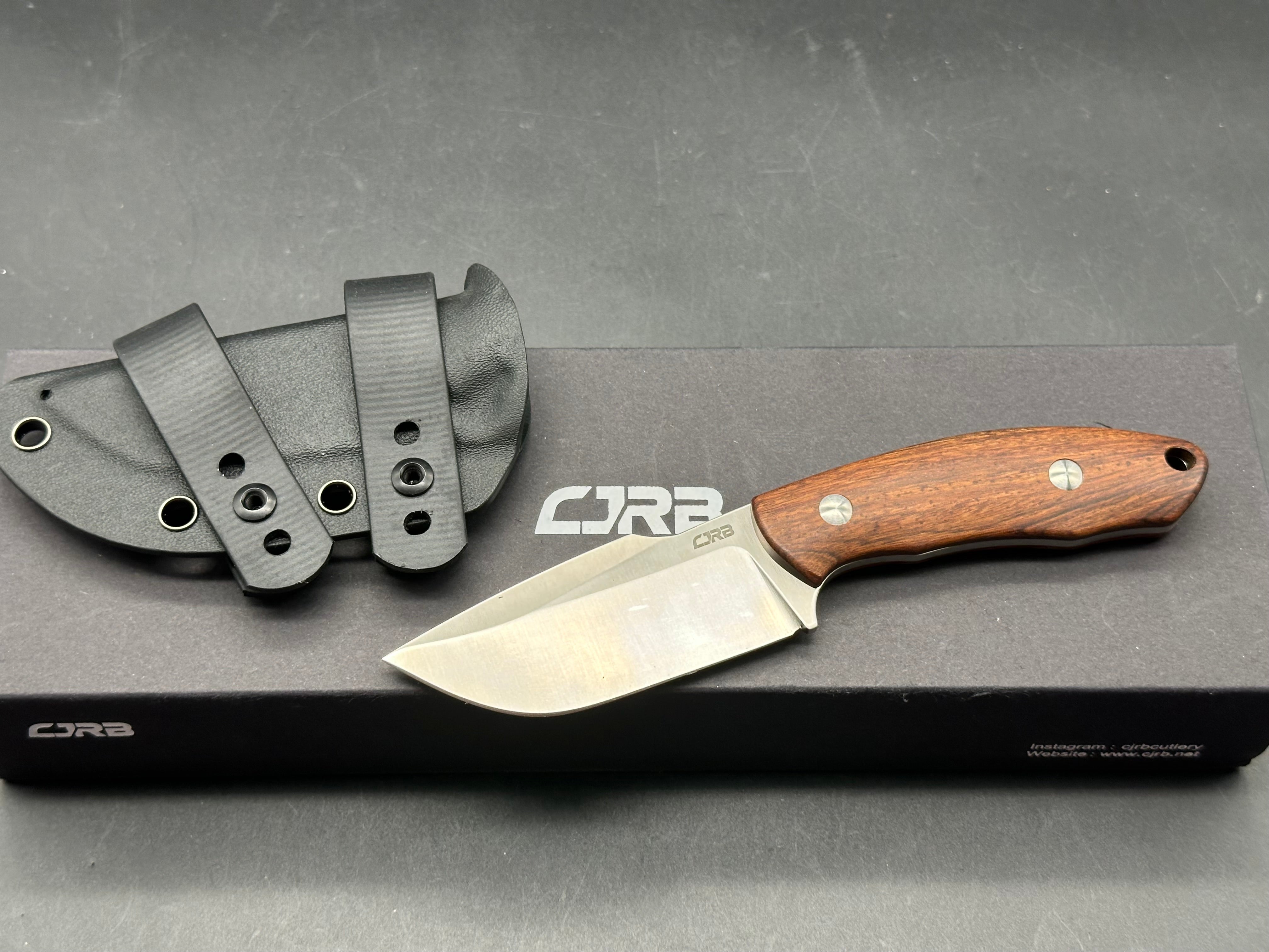 CJRB MUTT FIXED BLADE KNIFE BROWN WOOD HANDLE DROP POINT PLAIN EDGE