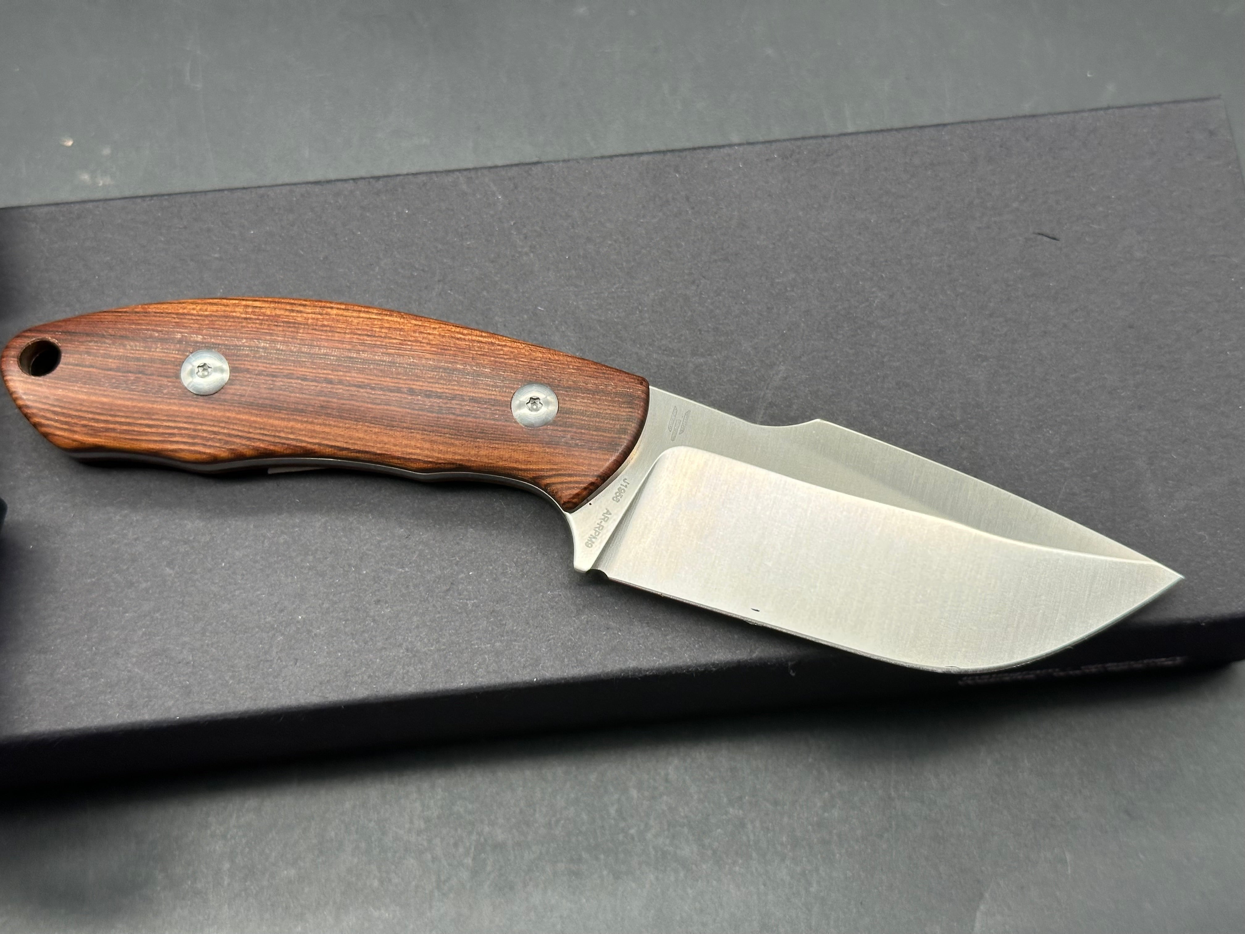CJRB MUTT FIXED BLADE KNIFE BROWN WOOD HANDLE DROP POINT PLAIN EDGE