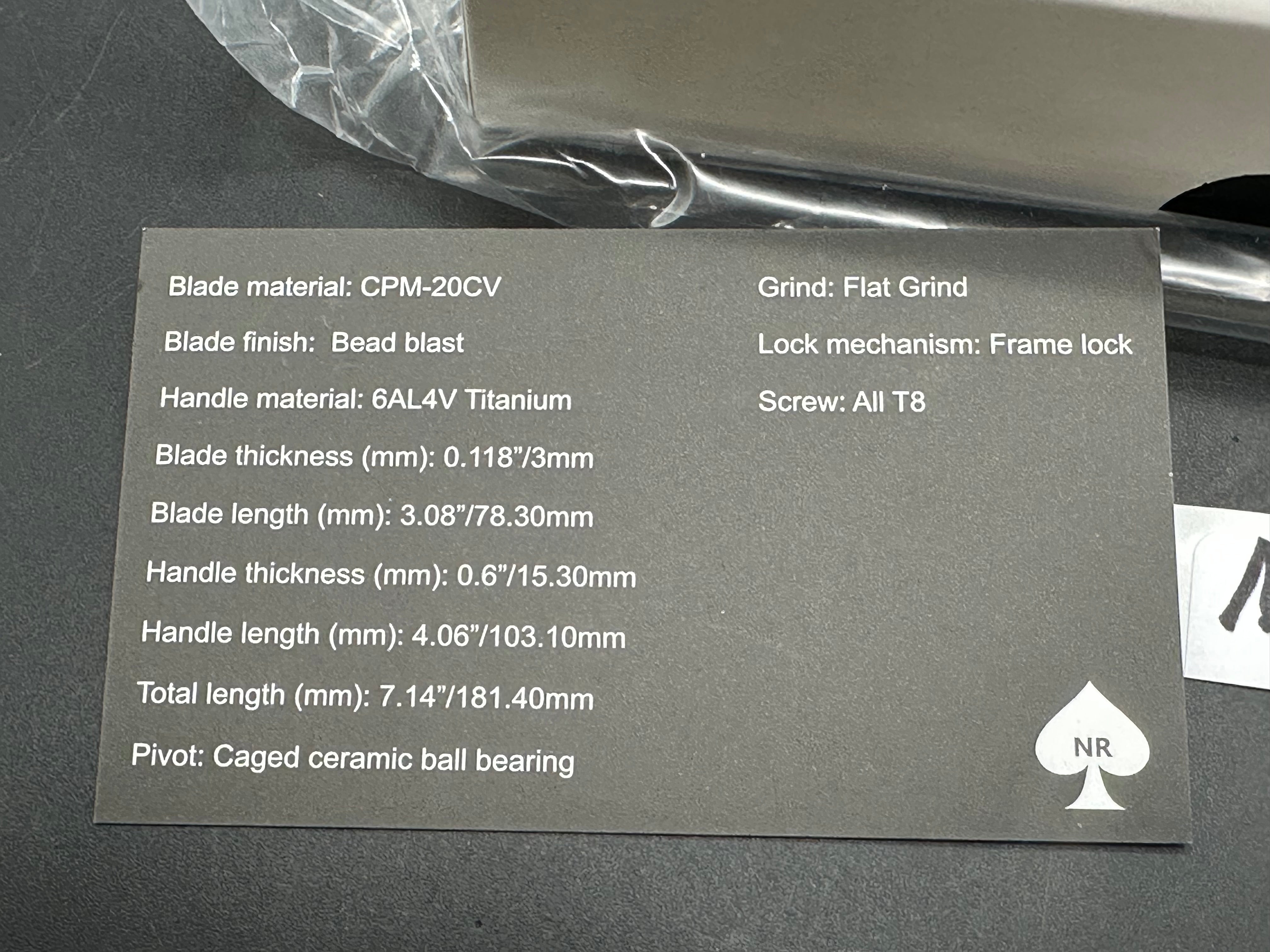 NRiggi Knives "JERSEY" Laser Engraved Wave Titanium Scales w/CPM 20CV bead blast blade