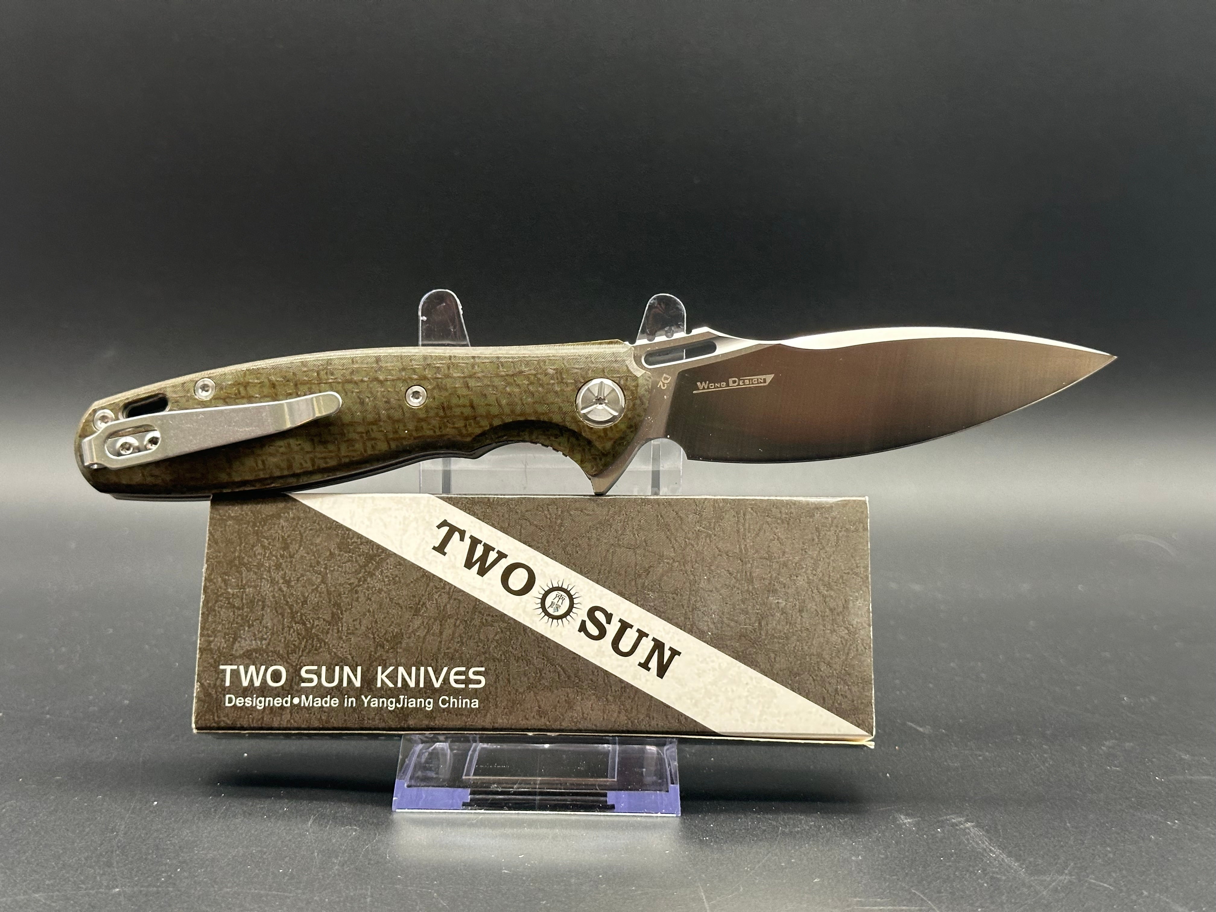 TWOSUN TS162 D2 MICARTA FLIPPER POCKET KNIFE GREEN MICARTA HANDLE PLAIN EDGE