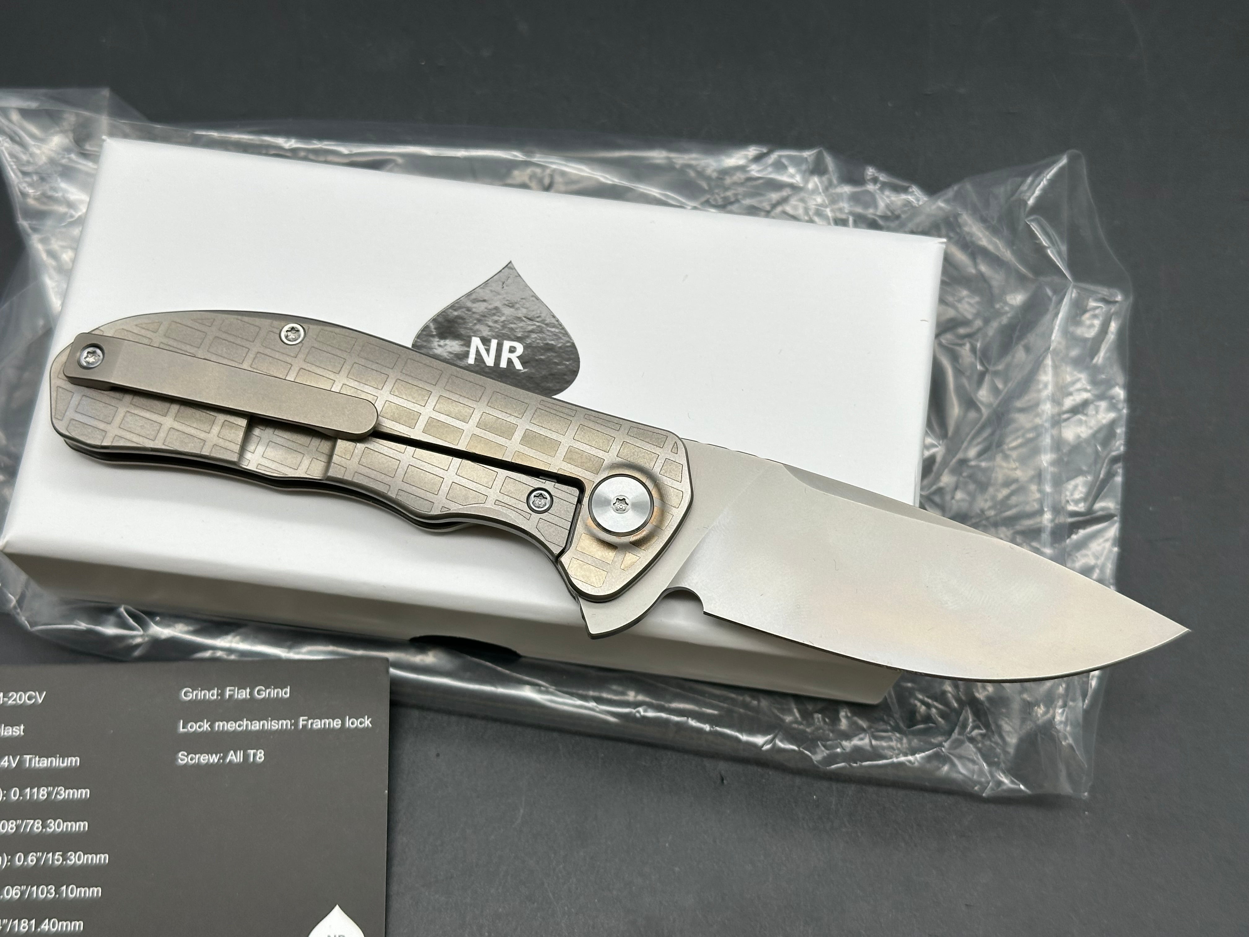 NRiggi Knives "JERSEY" Laser Engraved Wave Titanium Scales w/CPM 20CV bead blast blade